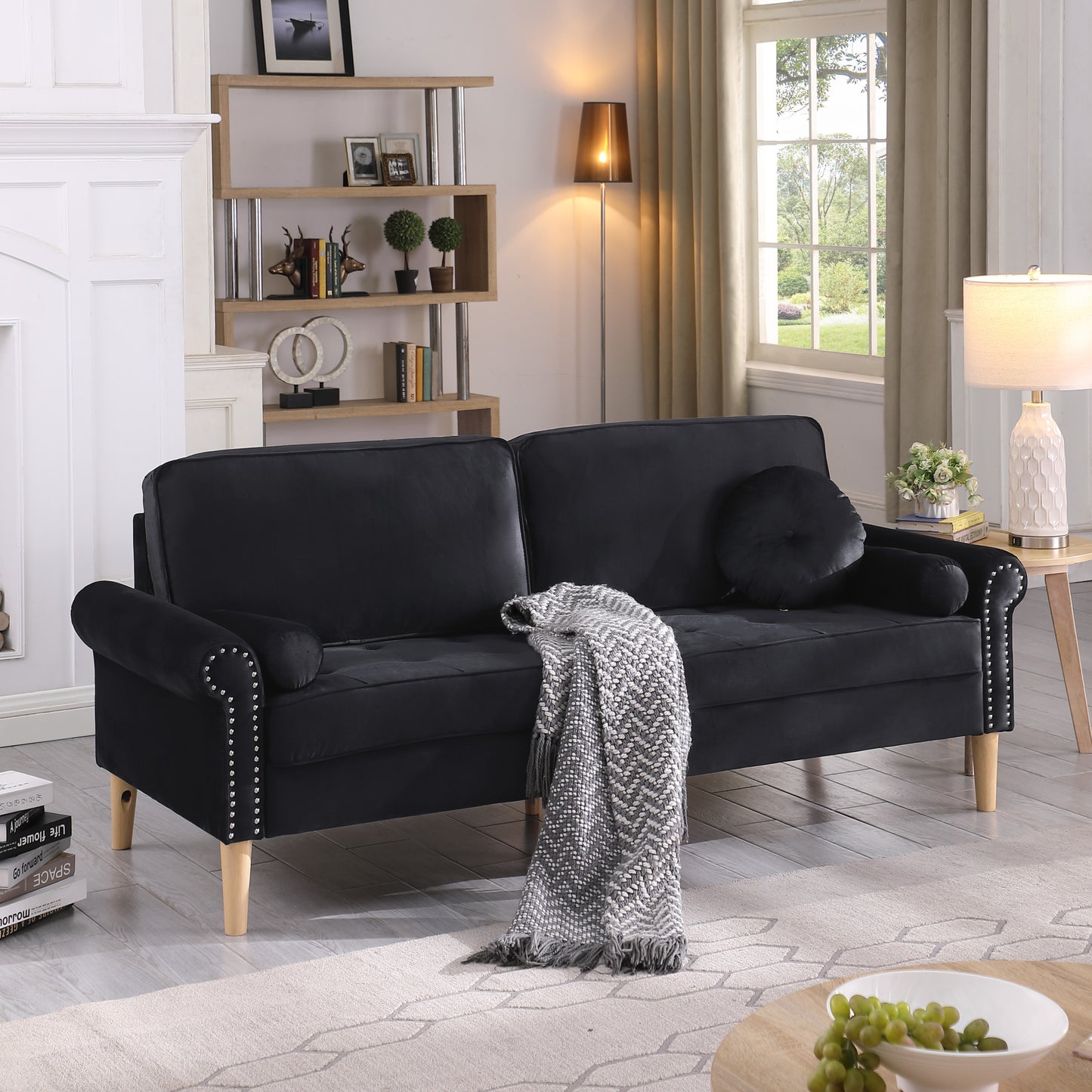 Living Room Sofa,3-Seater Sofa , with  Copper Nail on Arms ,Three Pillow,Black