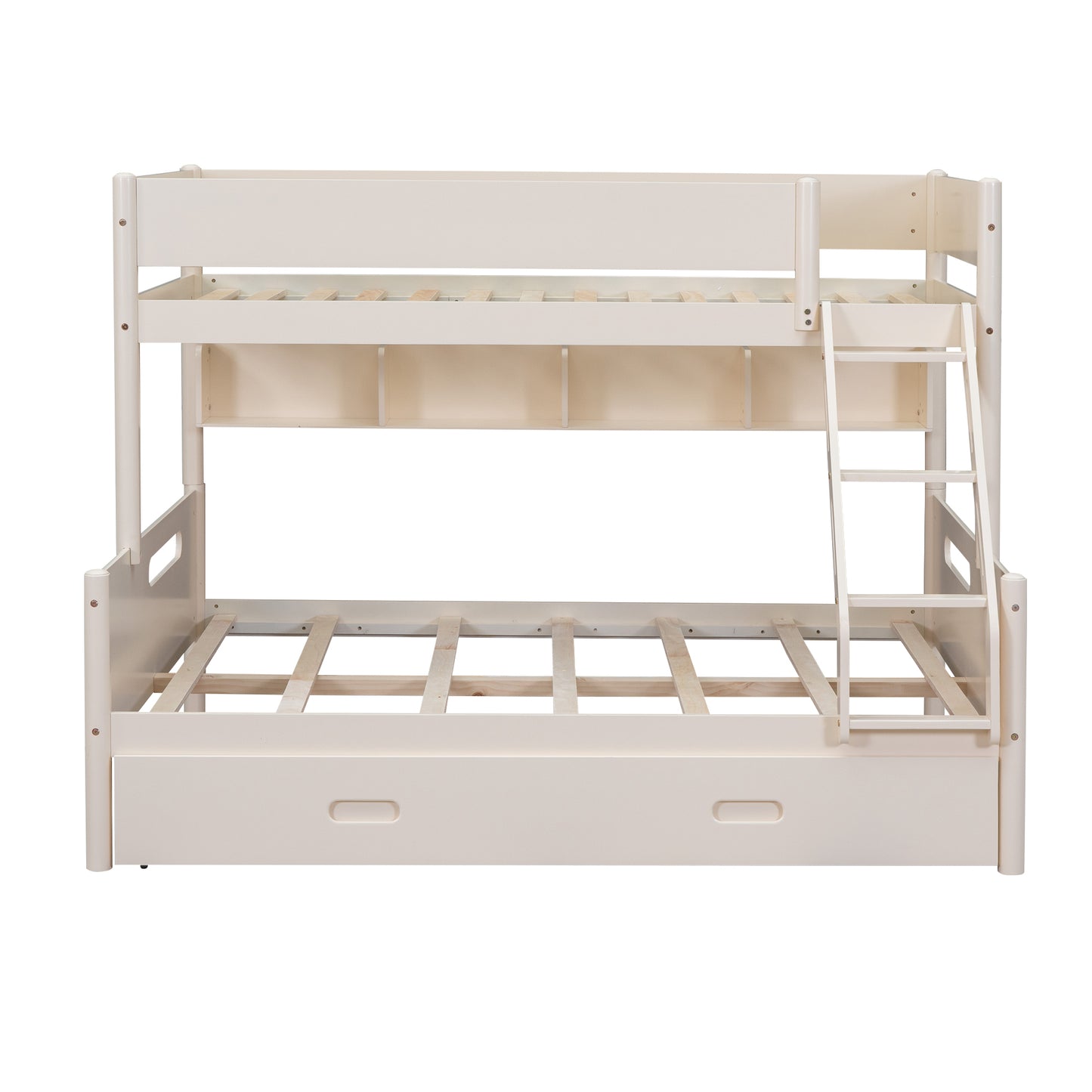 Cream Bunk Bed with Storage Shelves, Twin Trundle, and Solid Pine Construction