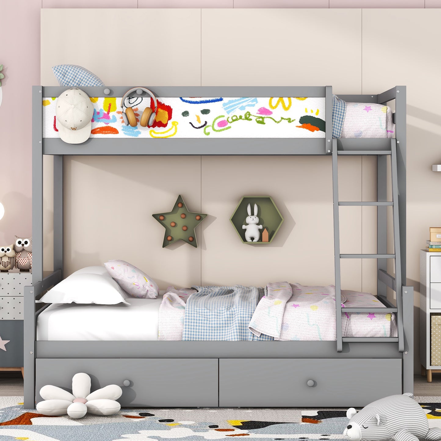 Grey Wood Twin over Full Bunk Bed with Whiteboard, 3 Hooks, and 2 Drawers - Innovative Storage Solution Twin over Full Bunk Bed