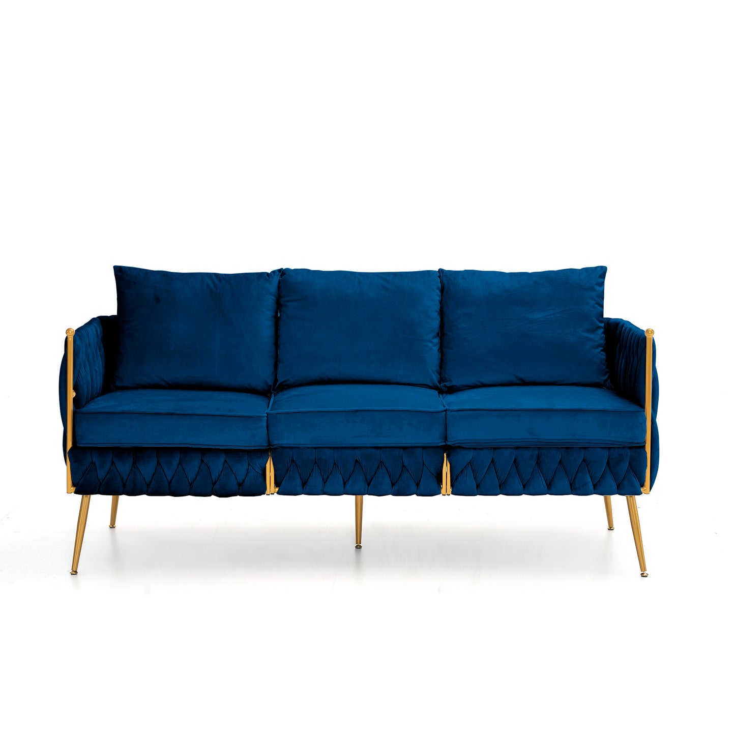 Luxurious 3-Piece Blue Velvet Living Room Set with Handwoven Tufted Backrest and Golden Metal Legs