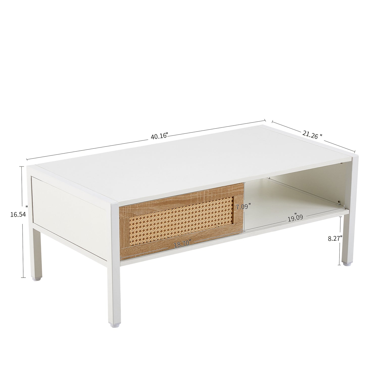 Modern White Rattan Coffee Table with Sliding Door Storage