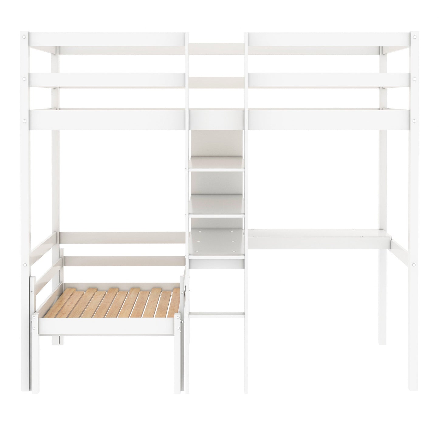 Convertible Loft Bed with L-Shaped Desk and Twin Bunk Bed in White Finish - Space-Saving Bedroom Solution