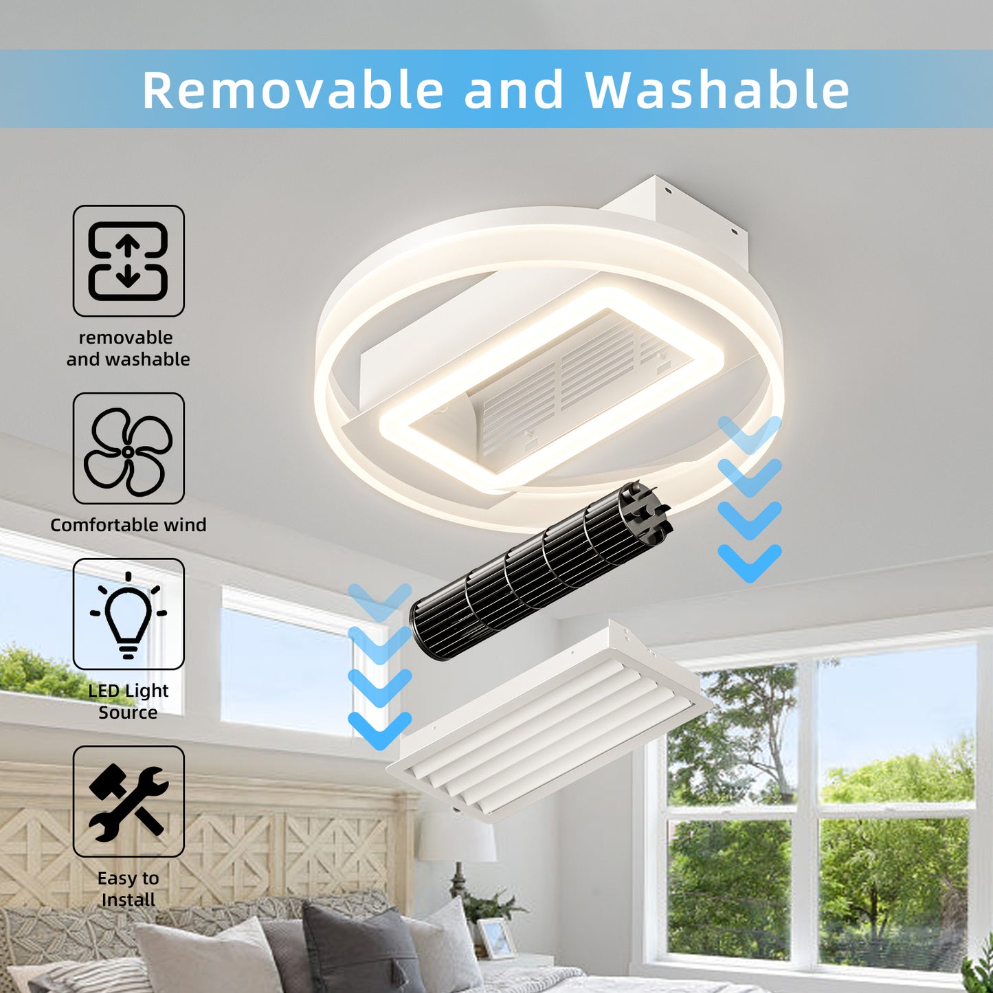 20-Inch Modern Bladeless Ceiling Fan with Remote Control, Washable Components, and Reversible Motor