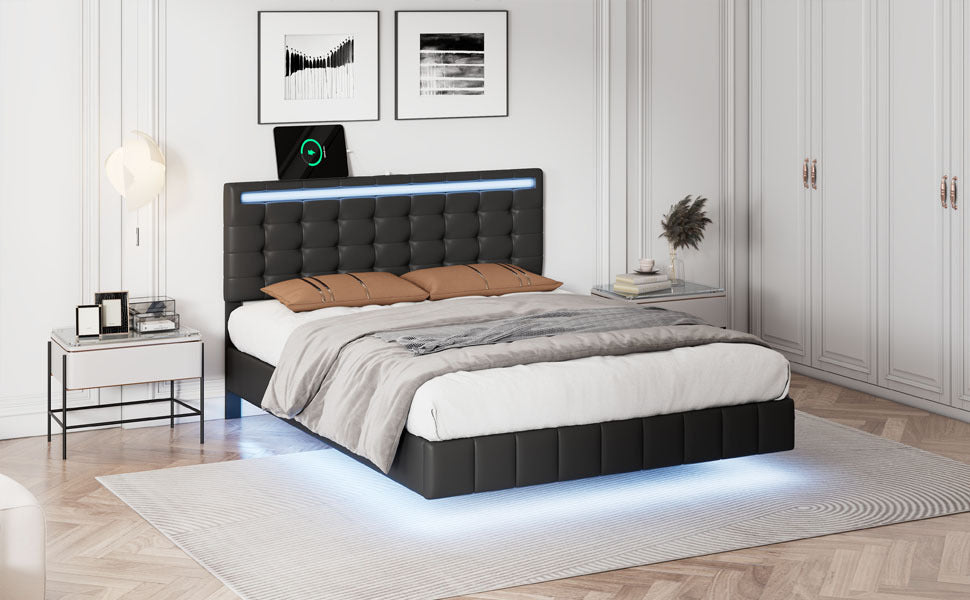 Full Size Floating Bed Frame with LED Lights and USB Charging,Modern Upholstered Platform LED Bed Frame,Black(Full)