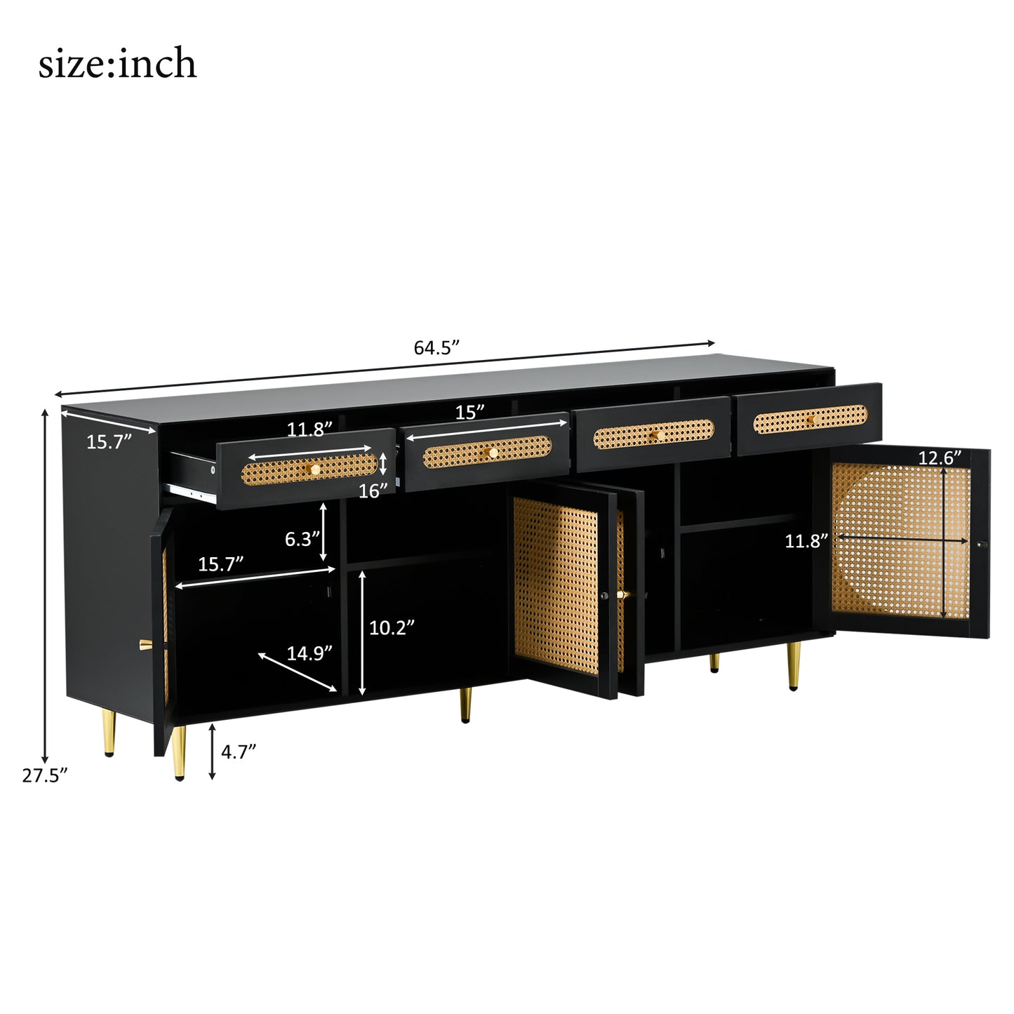 Rattan Door TV Stand with Adjustable Shelves for TVs up to 65