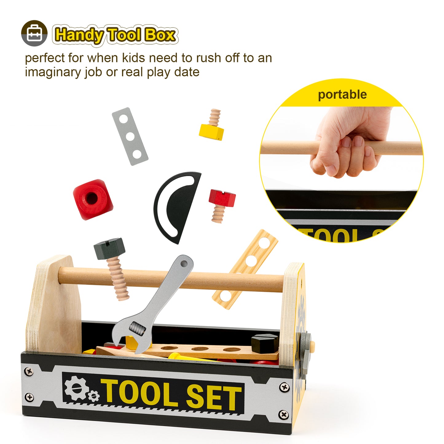 Kids Wooden Toy Toolbox with Building Blocks and Play Tools