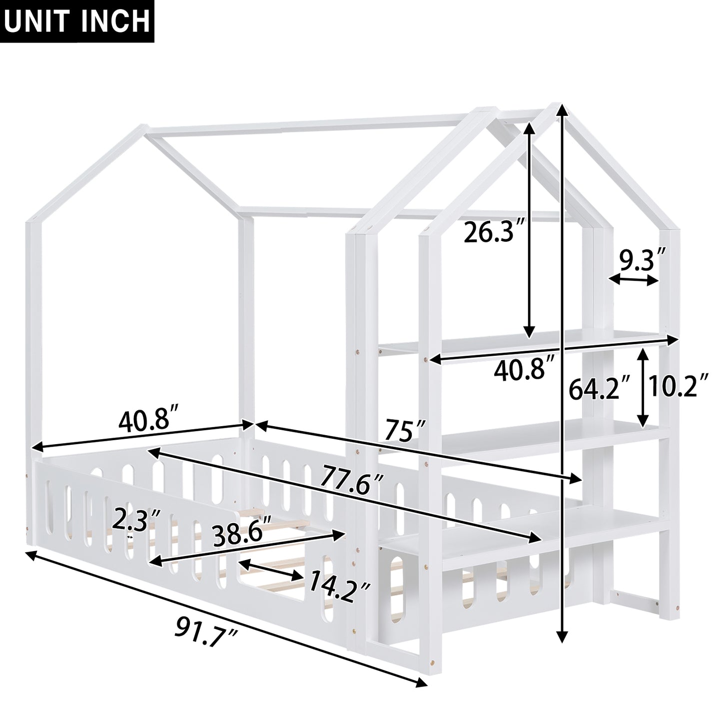 Twin Size Wood House Bed with Fence and Detachable Storage Shelves, White(Expected Arrival Time: 1.7)