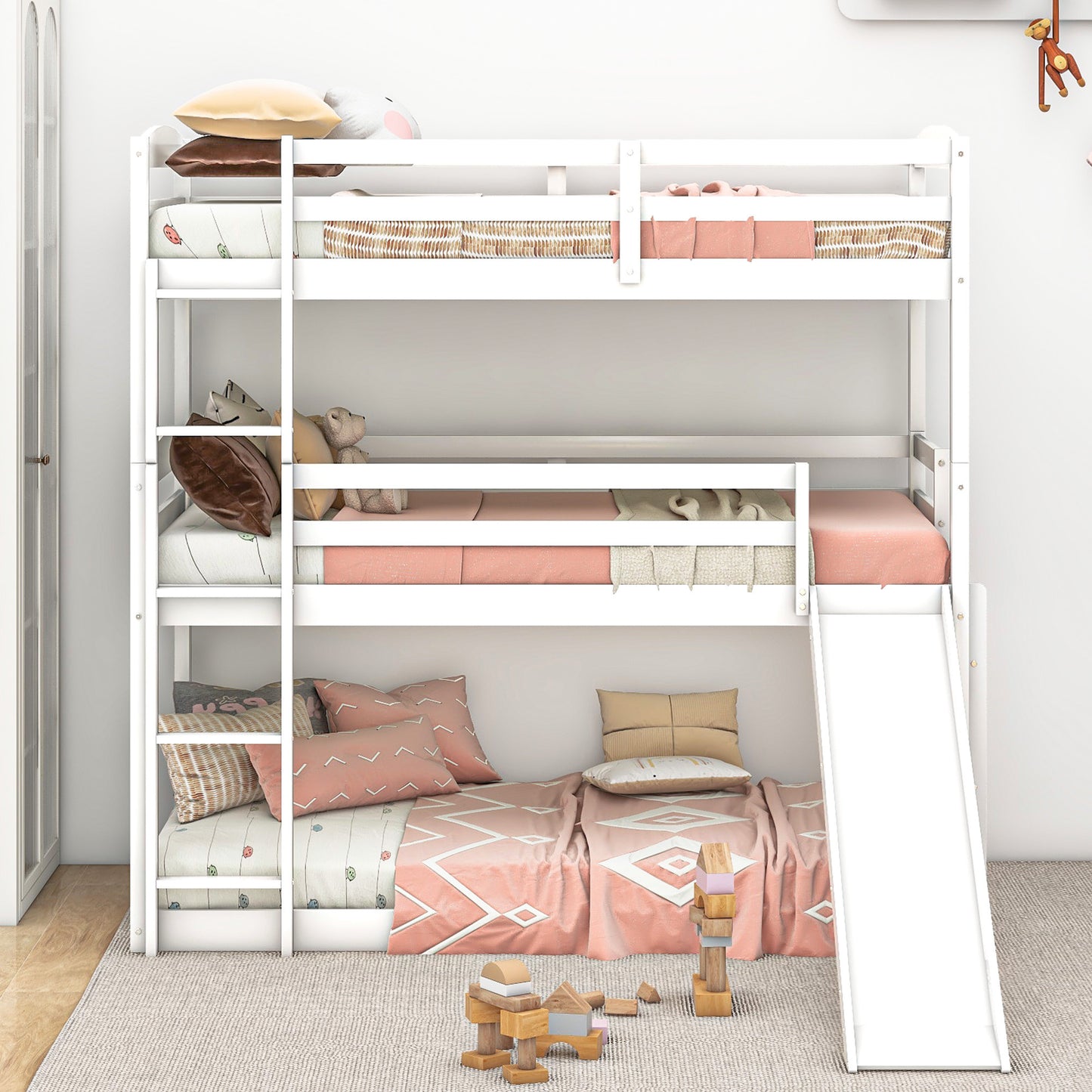 Innovative White Triple Bunk Bed with Slide, Ladder, and Vertical Space Optimization