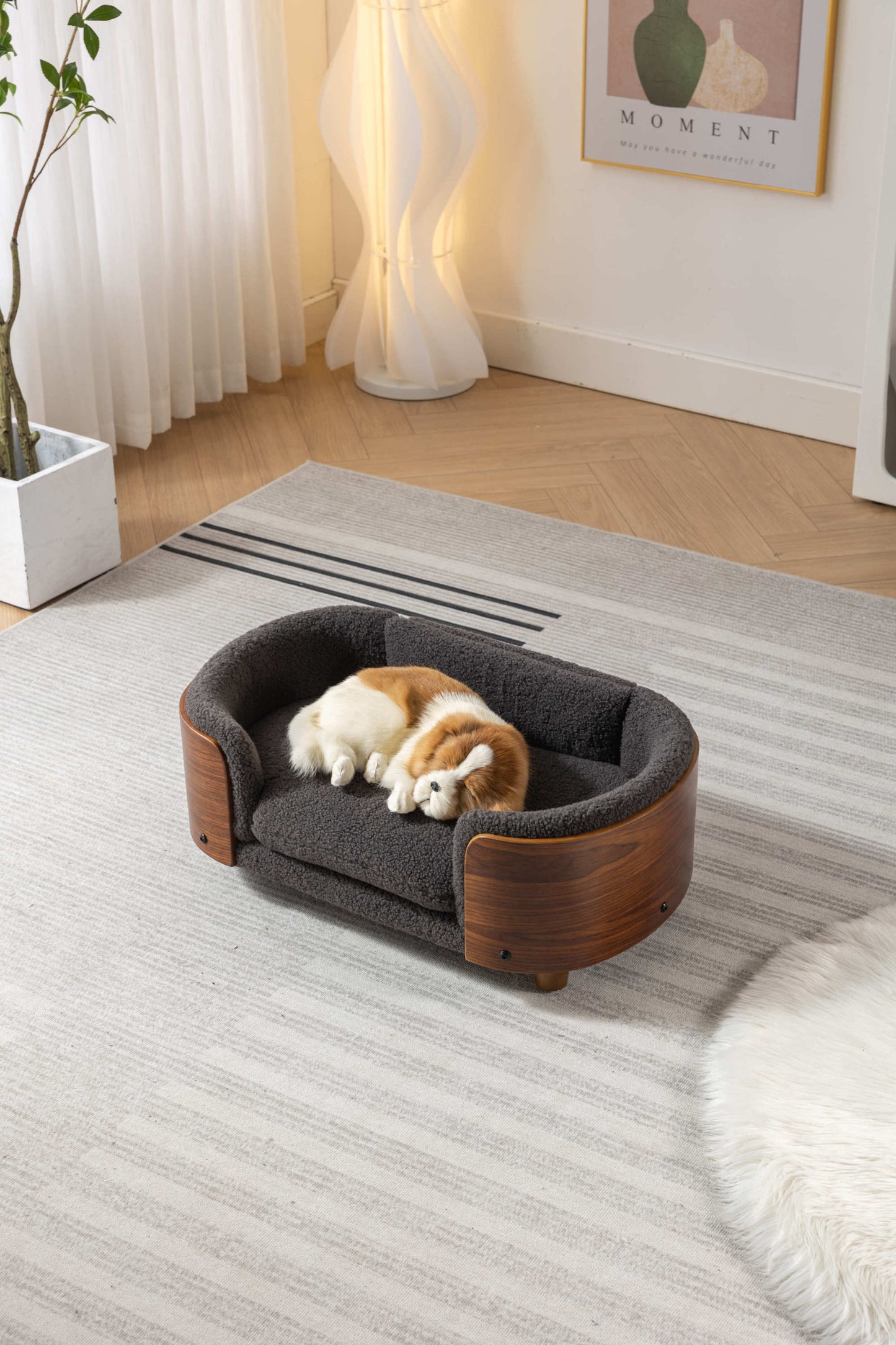 Scandinavian style Elevated Dog Bed Pet Sofa With Solid Wood legs and Walnut Bent Wood Back,  Cashmere Cushion,Small Size