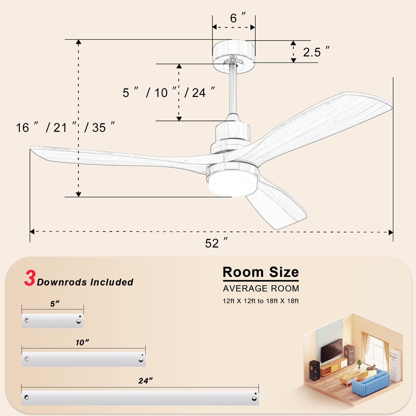 52-Inch Indoor Ceiling Fan with Dimmable LED Light and Remote Control