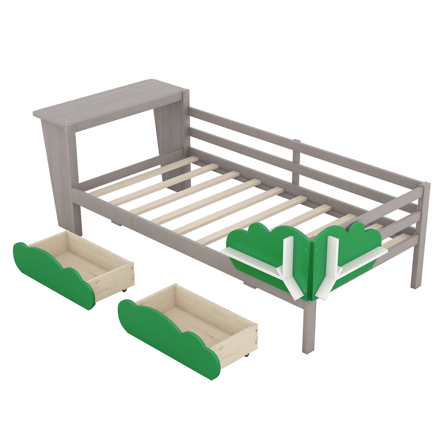 Twin Size Daybed with Desk, Green Leaf Shape Drawers and Shelves, Gray