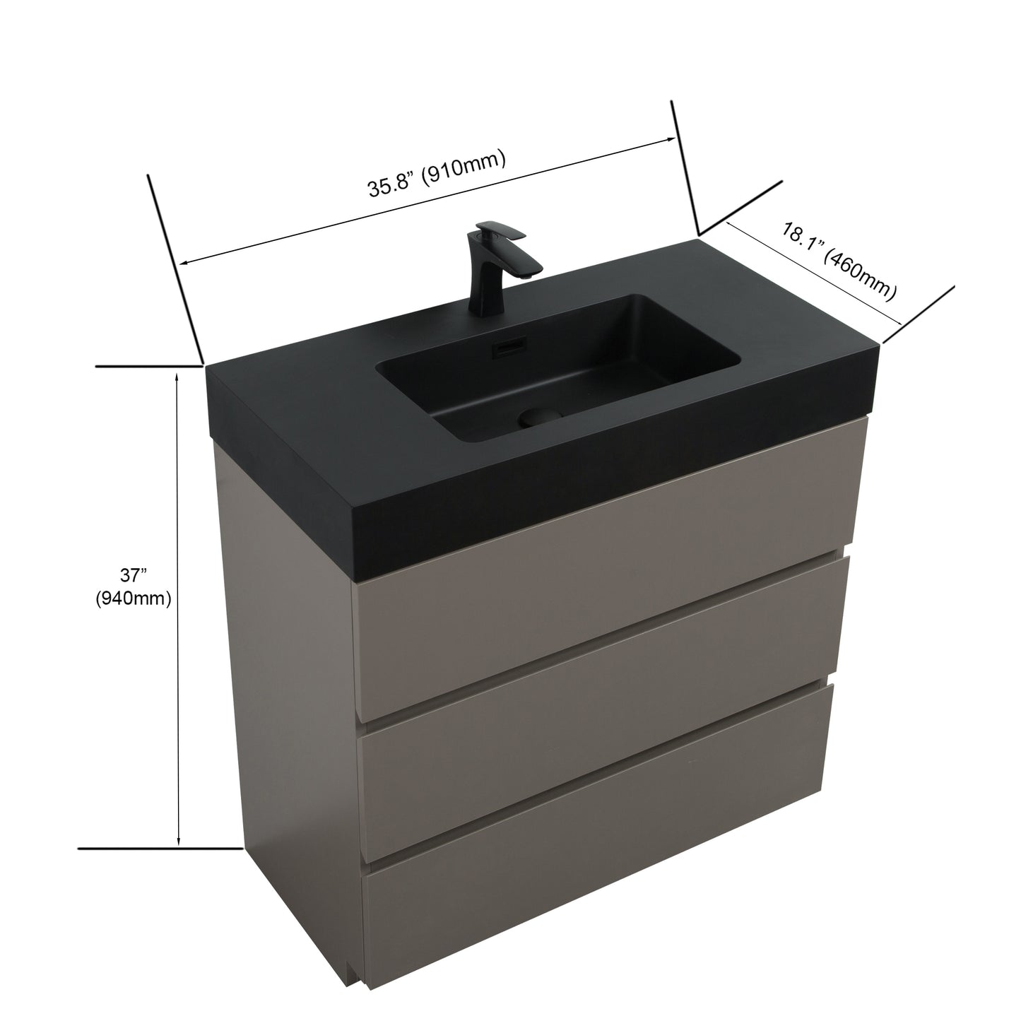 Alice 36" Gray Bathroom Vanity with Sink, Large Storage Freestanding Bathroom Vanity for Modern Bathroom, One-Piece Black Sink Basin without Drain and Faucet