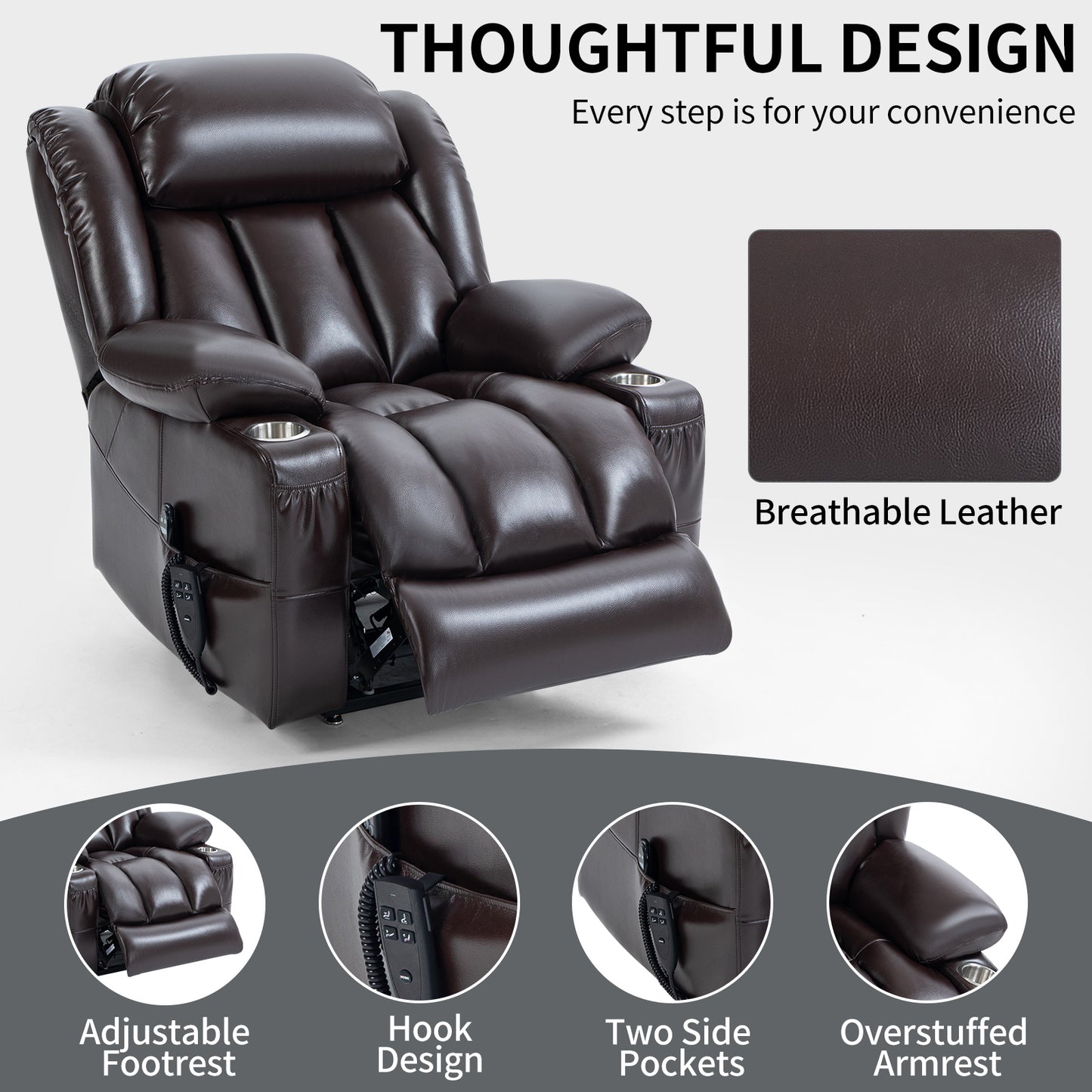 Brown Leatheraire Power Lift Recliner Chair with Dual Motor & Massage Functions