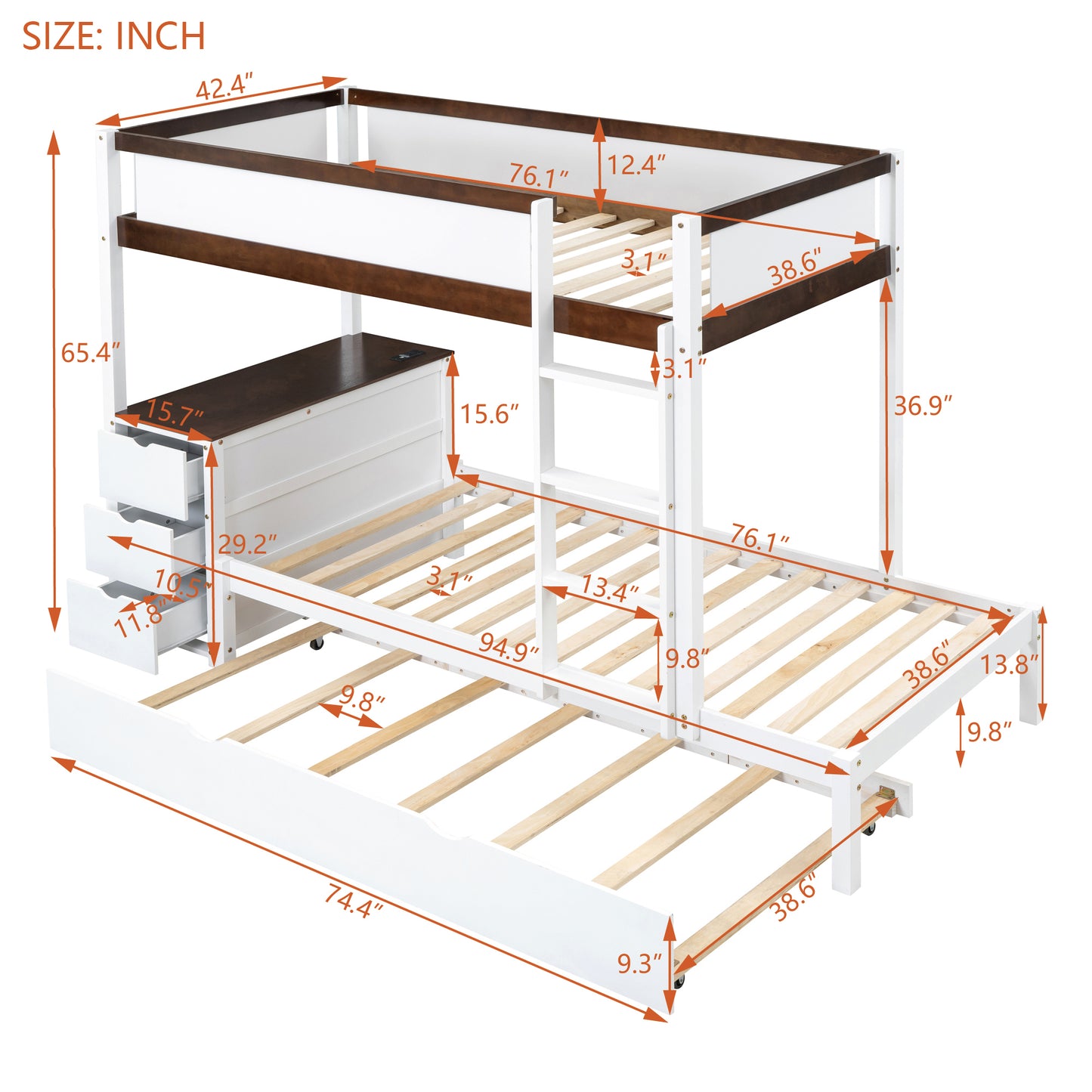 Twin Bunk Bed with Trundle, Storage, Desk, White-Walnut Finish & Maximized Space Storage Solution