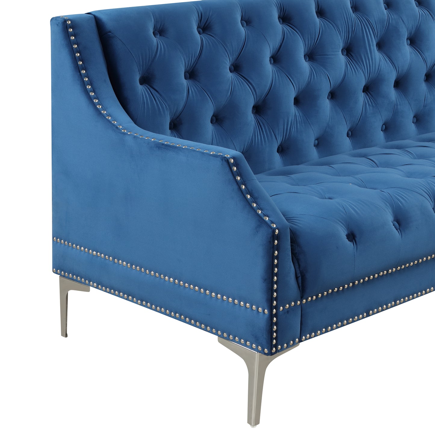 Button Tufted Back Blue Modern Sofa with Metal Legs and Plush Upholstery - 55.5