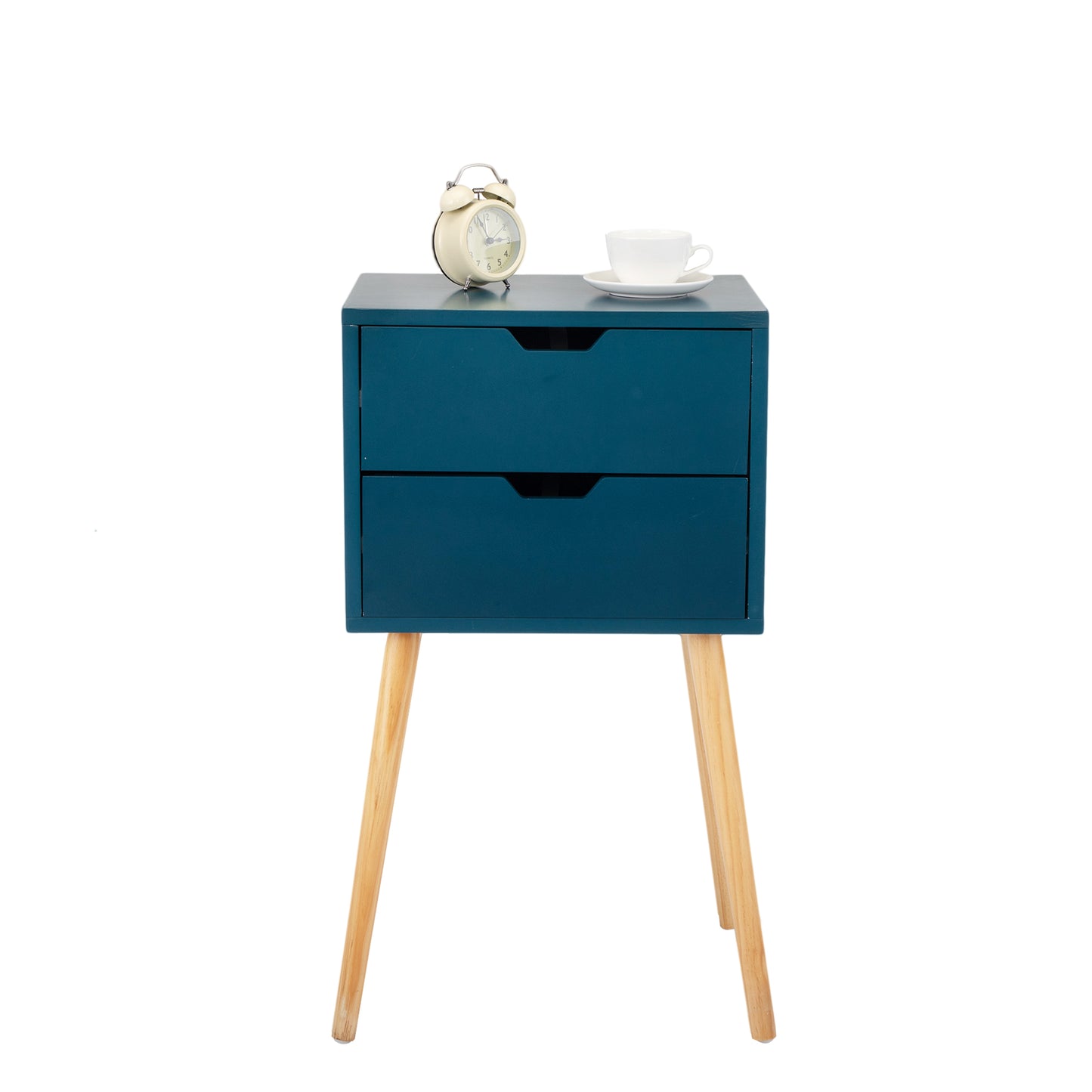 Set of 2 Nightstand with 2 Drawers, Mid Century Wood Bedside Table for Bedrooms Living Rooms, Sofa Side End Table, Blue