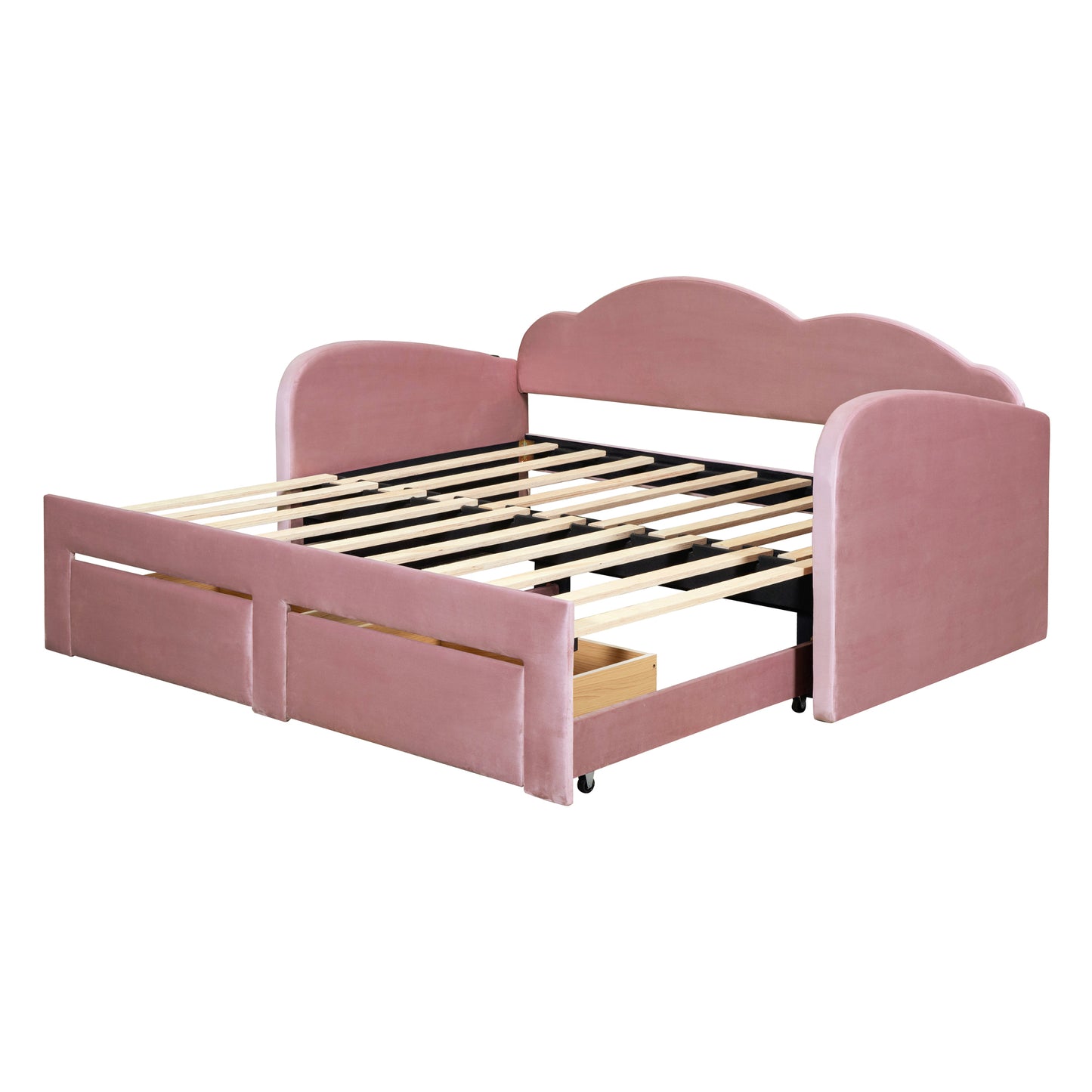 Twin Size Upholstered daybed with Cloud-Shaped Backrest, Trundle & 2 Drawers and USB Ports, Pink