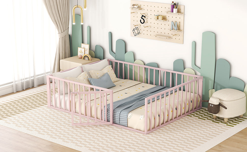 Queen Size Metal Floor Bed Frame with Fence and Door, Pink