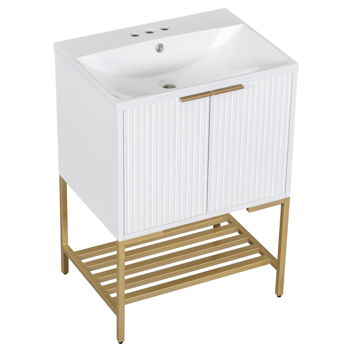 24" Bathroom Vanity with Sink, Bathroom Vanity Cabinet with Two Doors and Gold Metal Frame, Open Storage Shelf, White