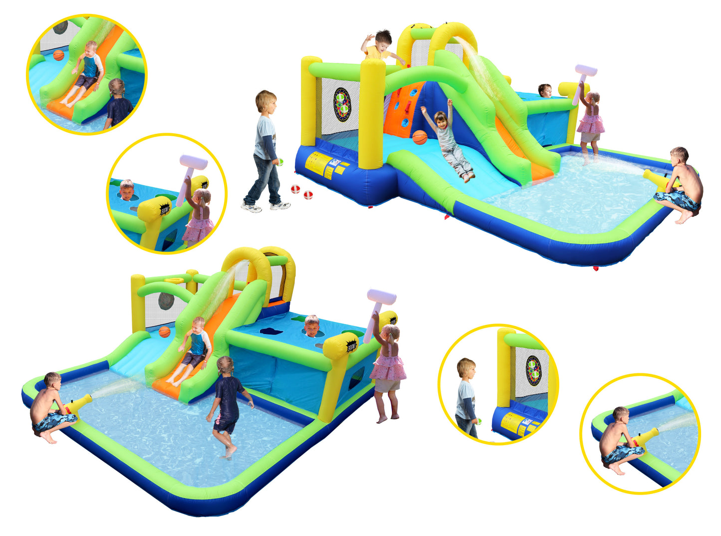 7-in-1 Inflatable Water Park Bouncer with Whack-a-Mole Games and Splash Pool