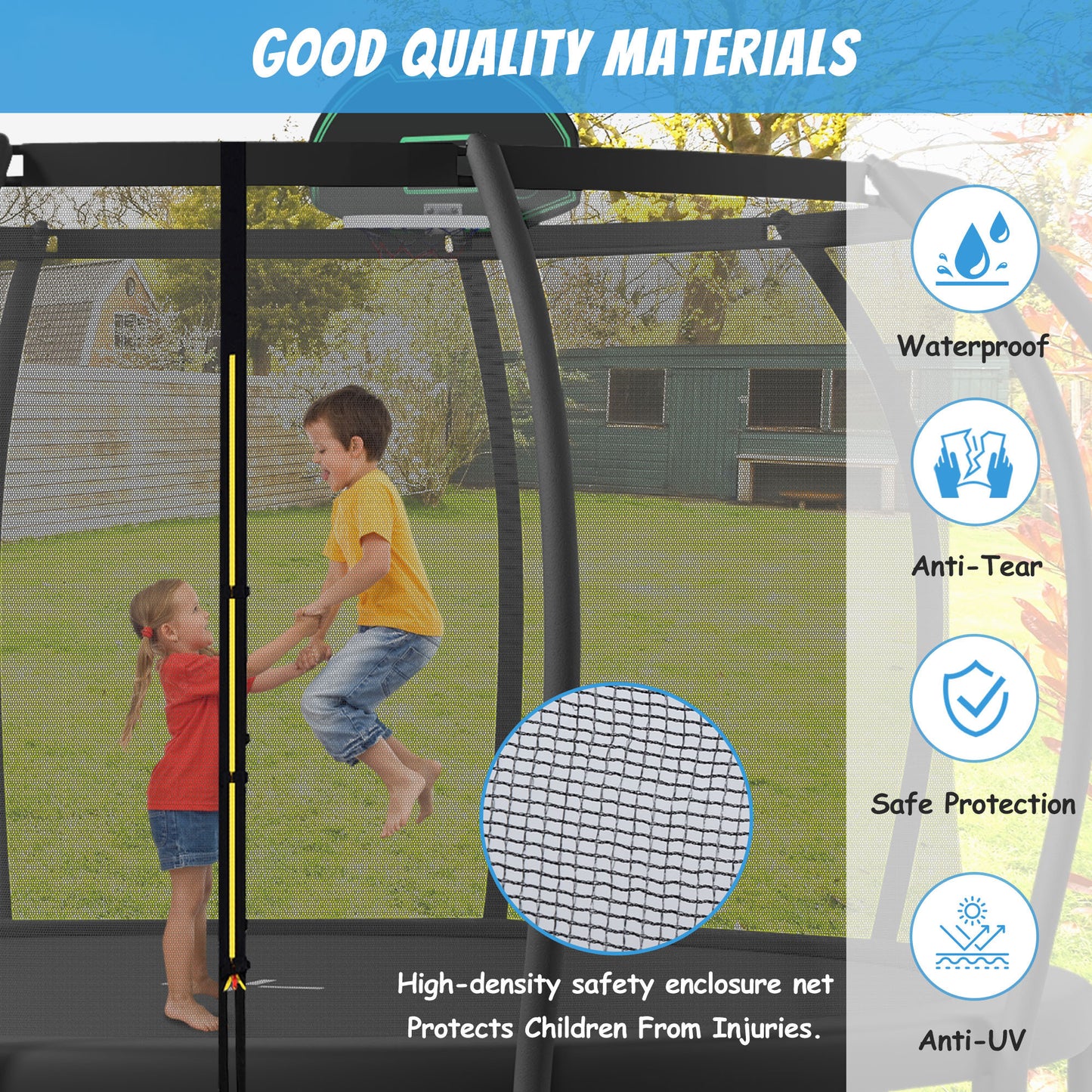 16FT Trampoline for Kids with Upgraded ArcPole and Composite TopLoop for Safety Enclosure, Plus Basketball Board and 12 Ground Stakes, Outdoor Recreational Playset Balance Physical Training Trampoline