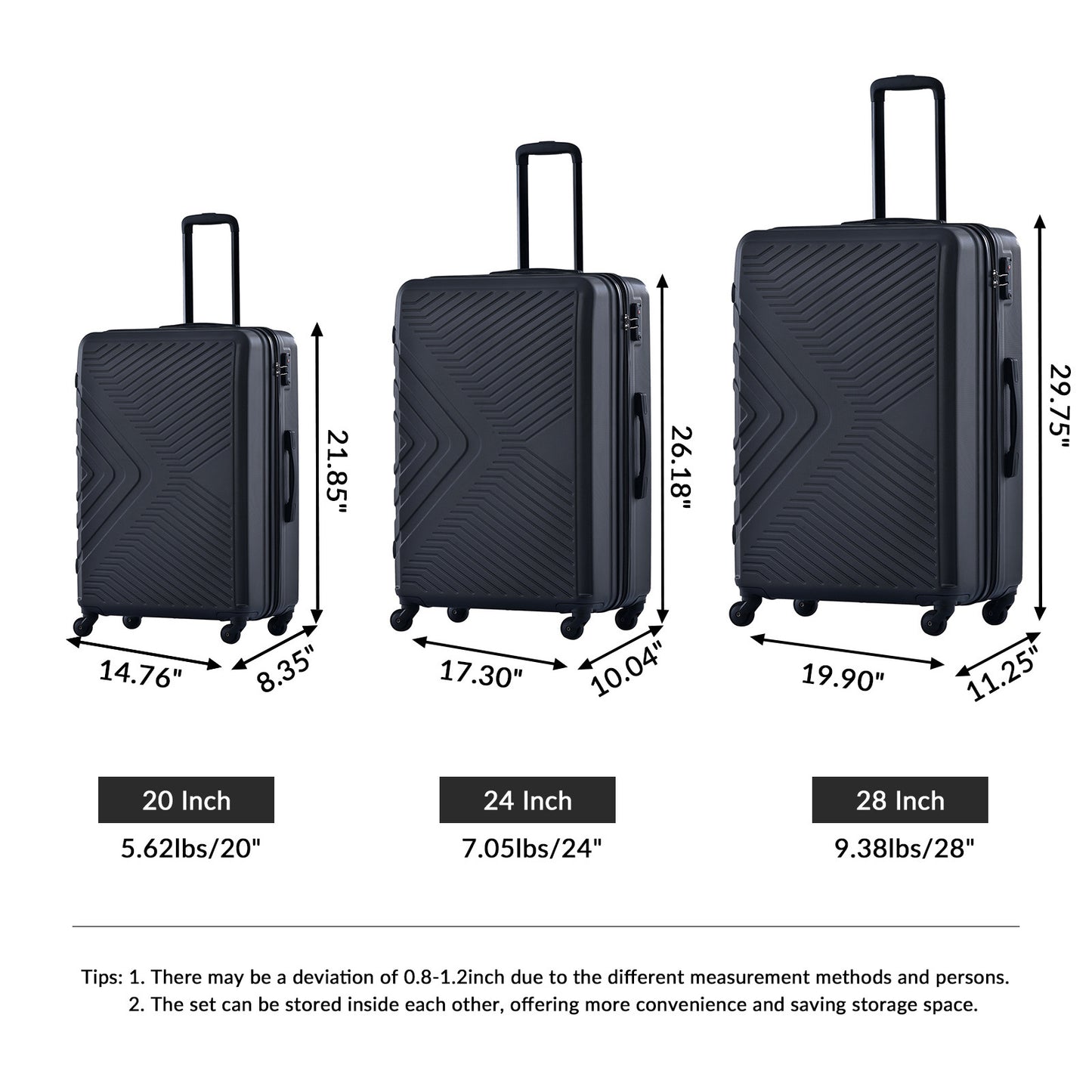 3 Piece Luggage Sets ABS Lightweight Suitcase with Two Hooks, Spinner Wheels, TSA Lock, (20/24/28) Black