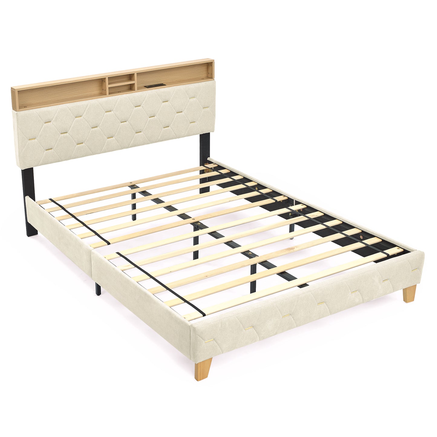 Queen Size Bed Frame, Shelf Upholstered Headboard, Platform Bed with Outlet & USB Ports, Wood Legs, No Box Spring Needed, Easy Assembly, Beige