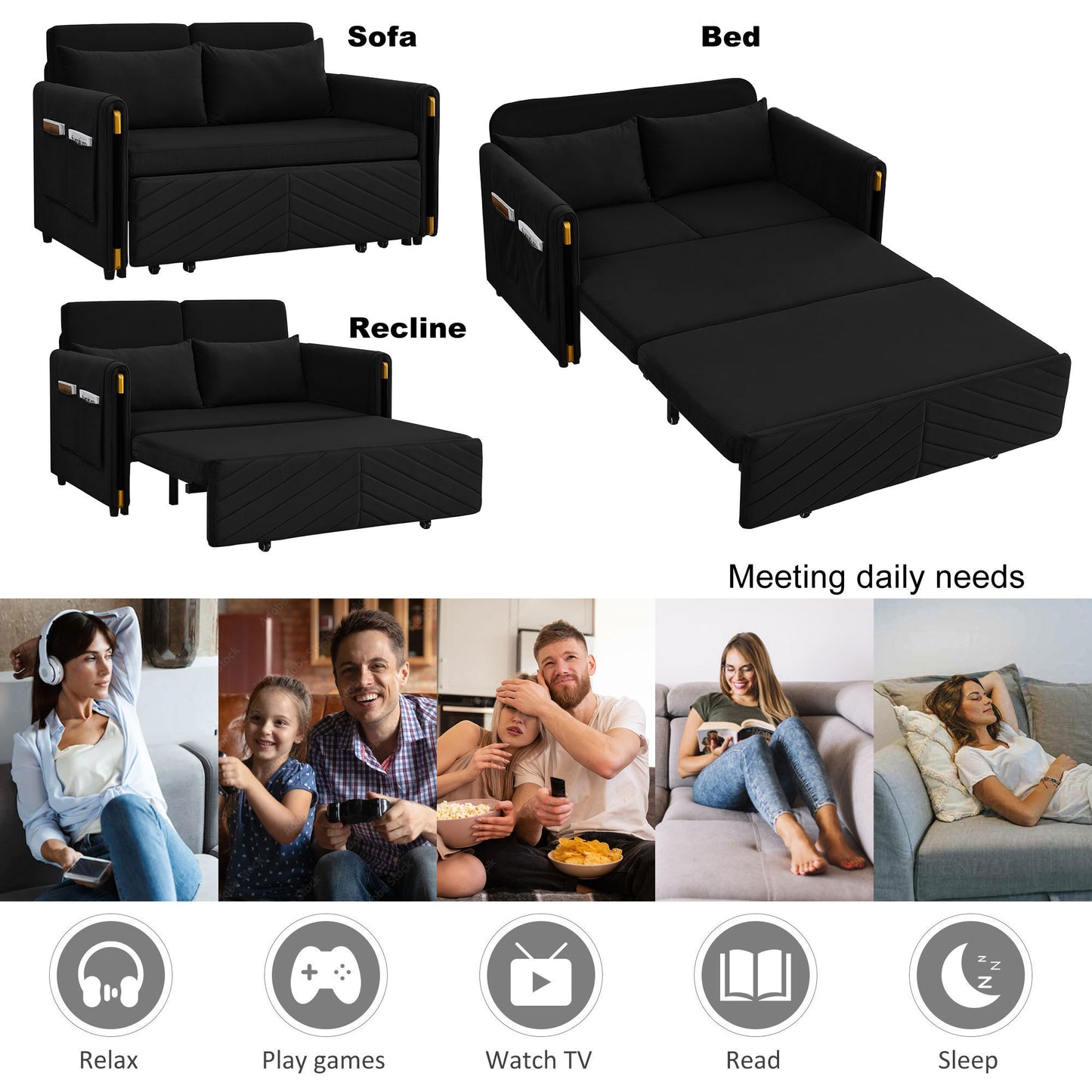 MH 54" Modern Convertible Sofa Bed with 2 Detachable Arm Pockets, Velvet Loveseat Sofa with Pull Out Bed, 2 Pillows and Living Room Adjustable Backrest, Grid Design Armrests, Black