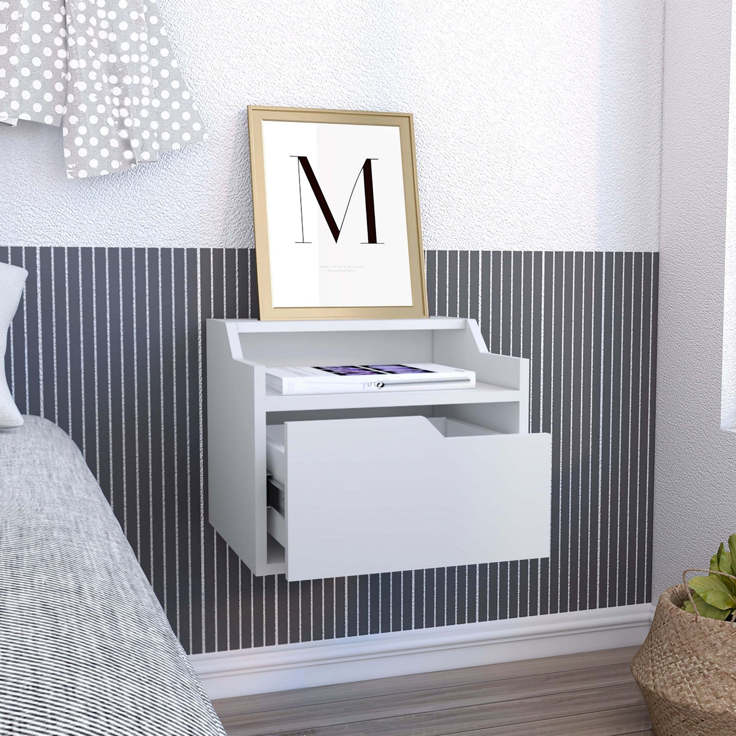 Busan Modern Floating Nightstand, Single-Drawer Design with Sleek Two-Tiered Top Shelf Surfaces- White - Bedroom