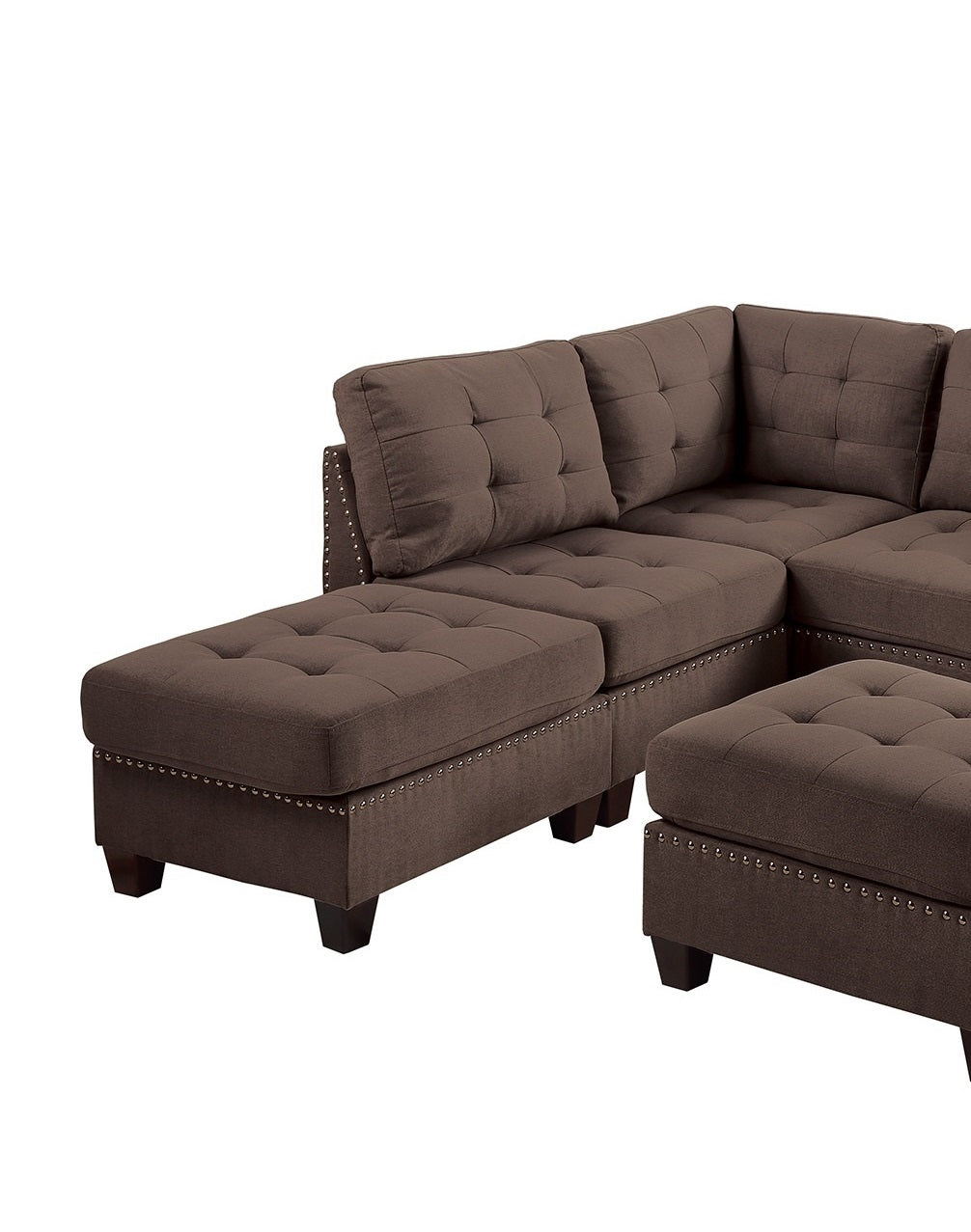 7-Piece Black Coffee Linen Modular Sectional Set with Tufted Nailhead Details