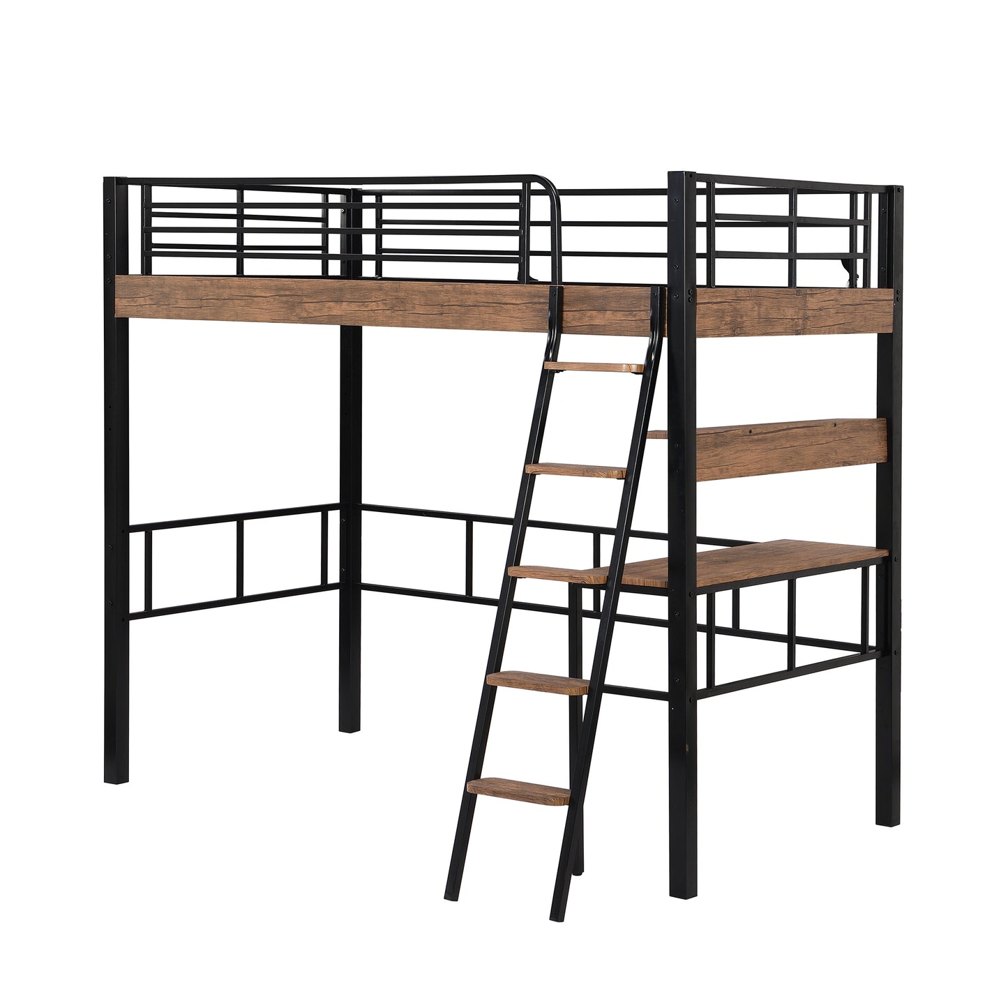 Metal Twin Size Loft Bed with Built-in Desk, Storage Shelf and Ladder, Black