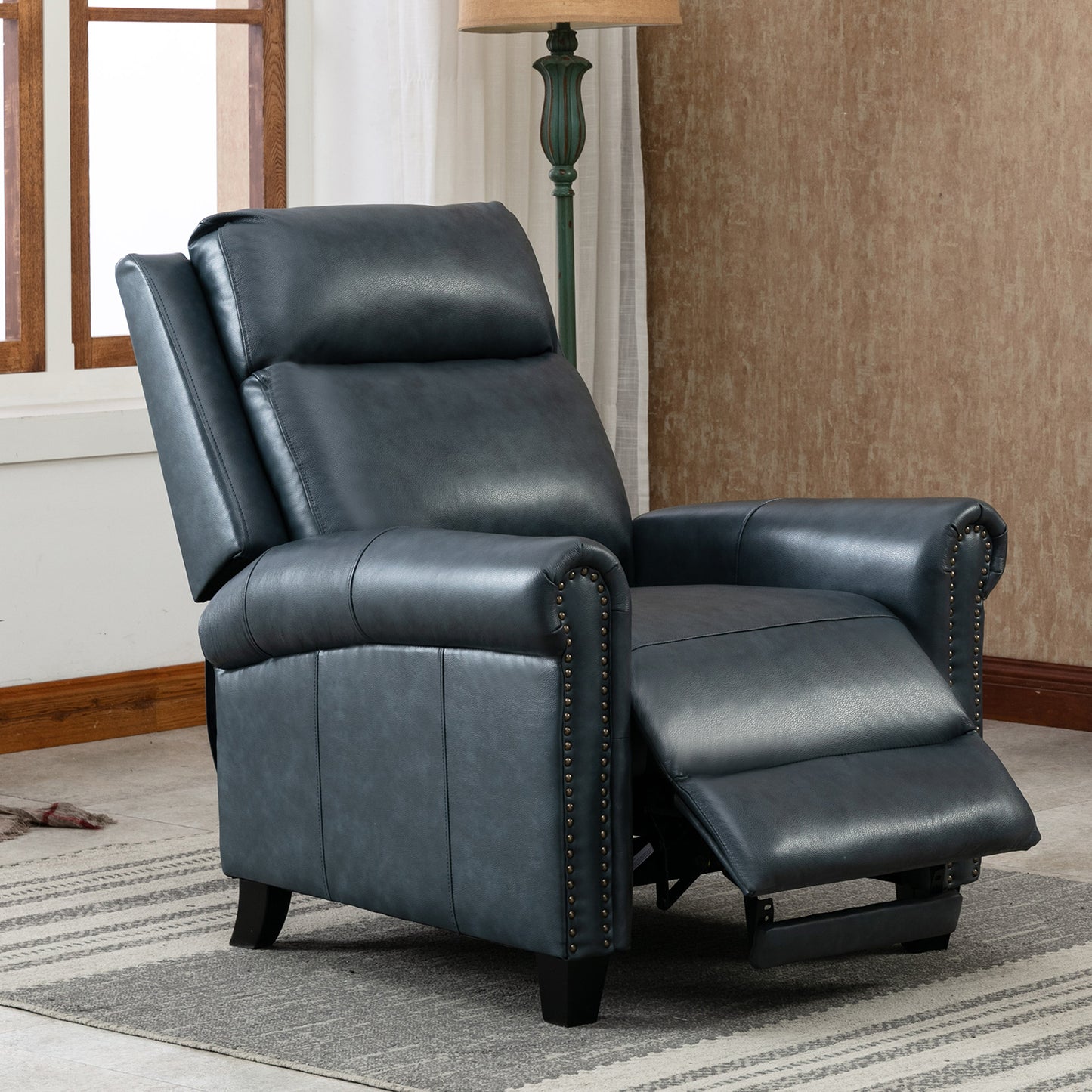 Luxurious Navy Genuine Leather Manual Recliner