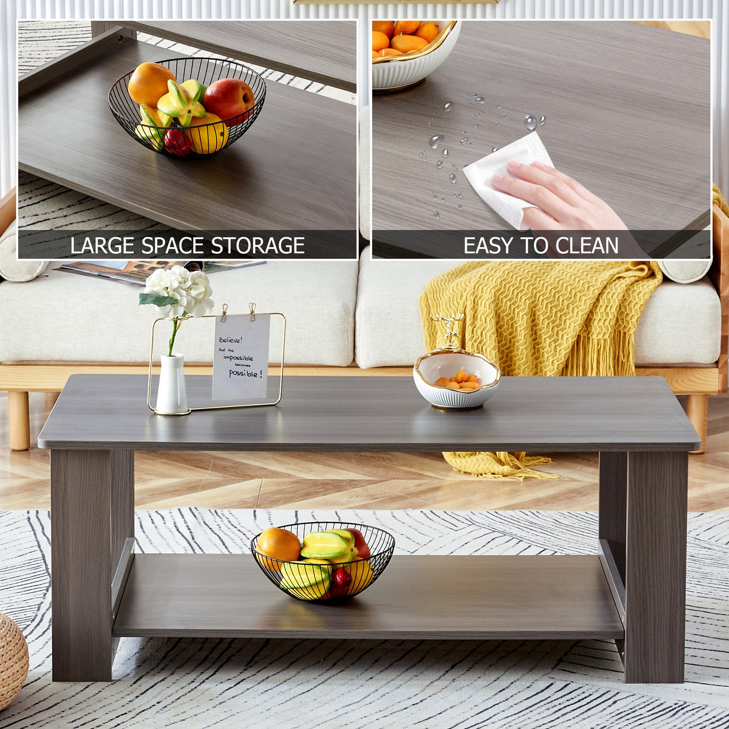 Gray Textured Double-Layered MDF Coffee Table - Sleek & Practical