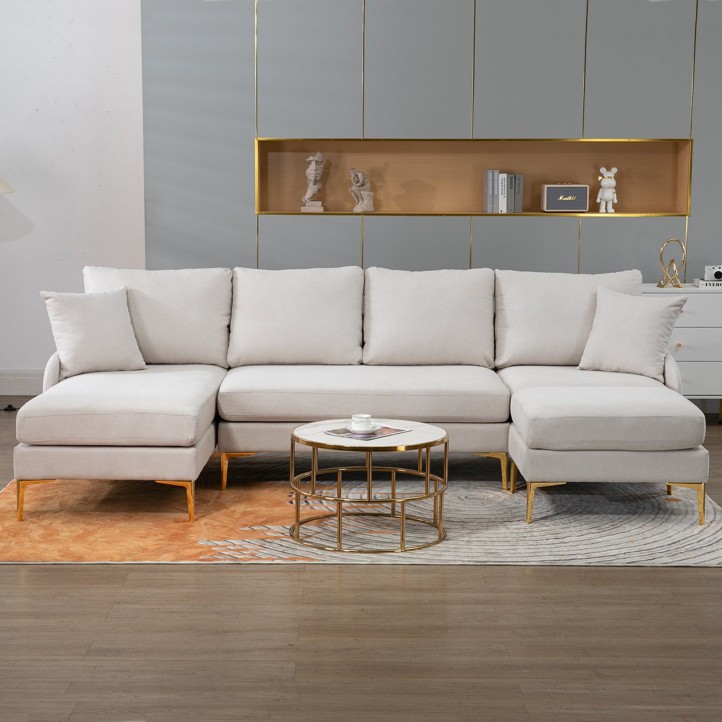 110'' Wide Reversible Sectional Sofa with Chaise Lounge - Beige Polyester Blend