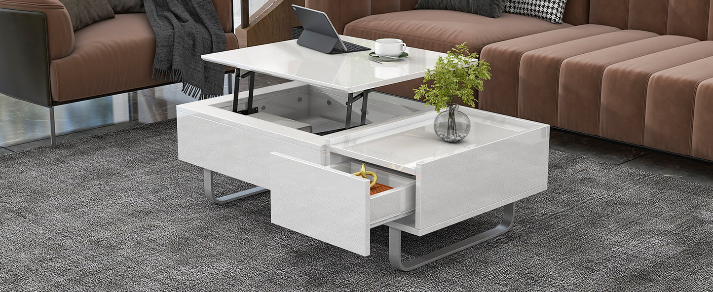 Contemporary White Lift-Top Coffee Table with Hidden Storage