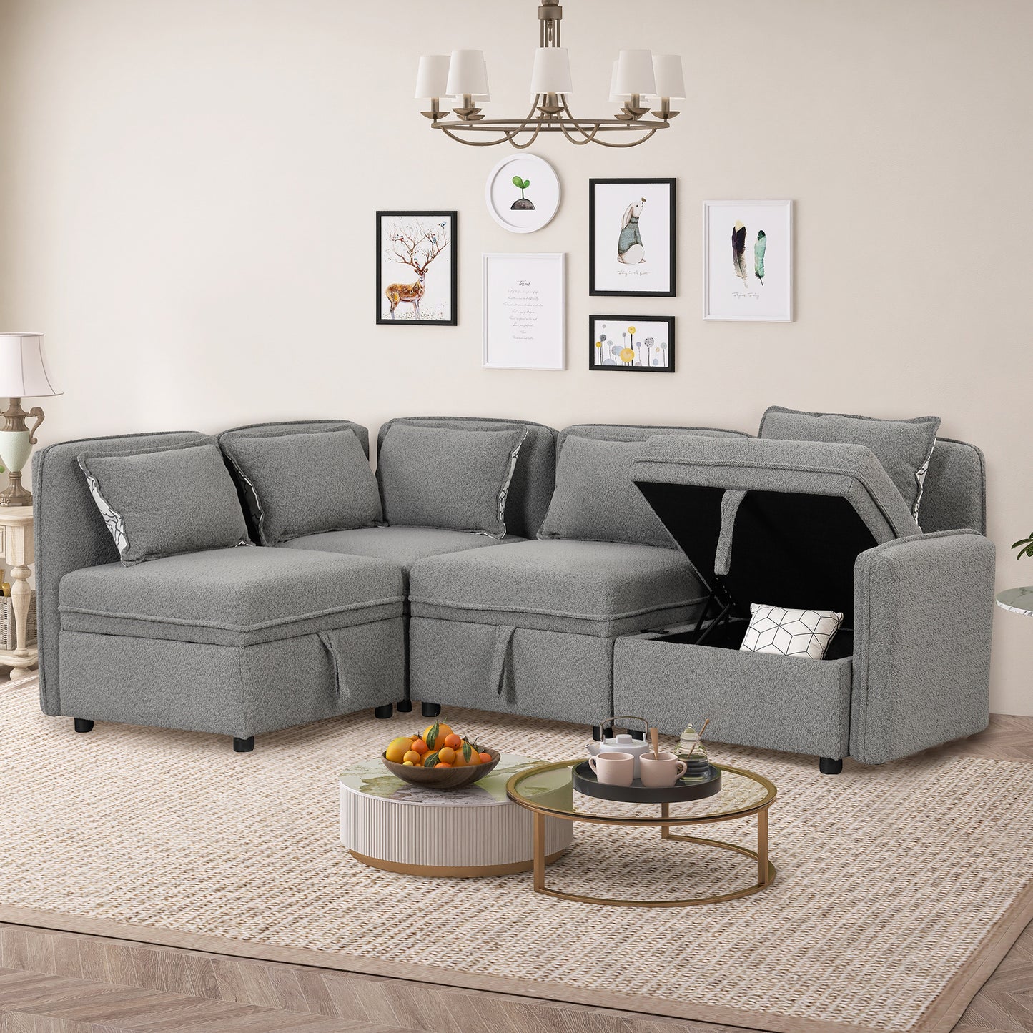 Convertible Modular Minimalist Sectional Sofa with Storage and 5 Pillows