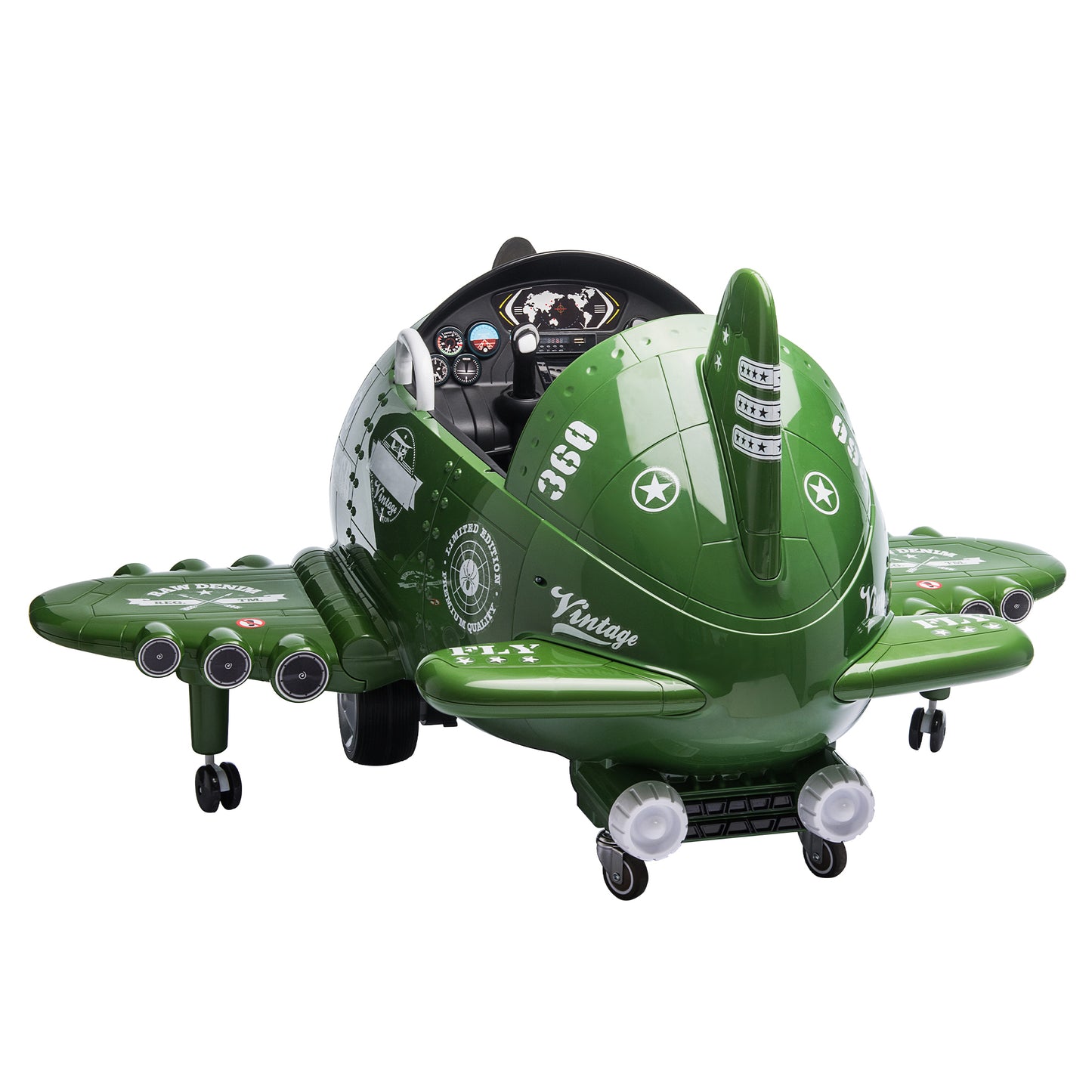 12V Electric Ride-On Toy Plane with 360-Degree Rotating Feature, USB, FM, and Remote Control for Kids 3 to 6, Army Green