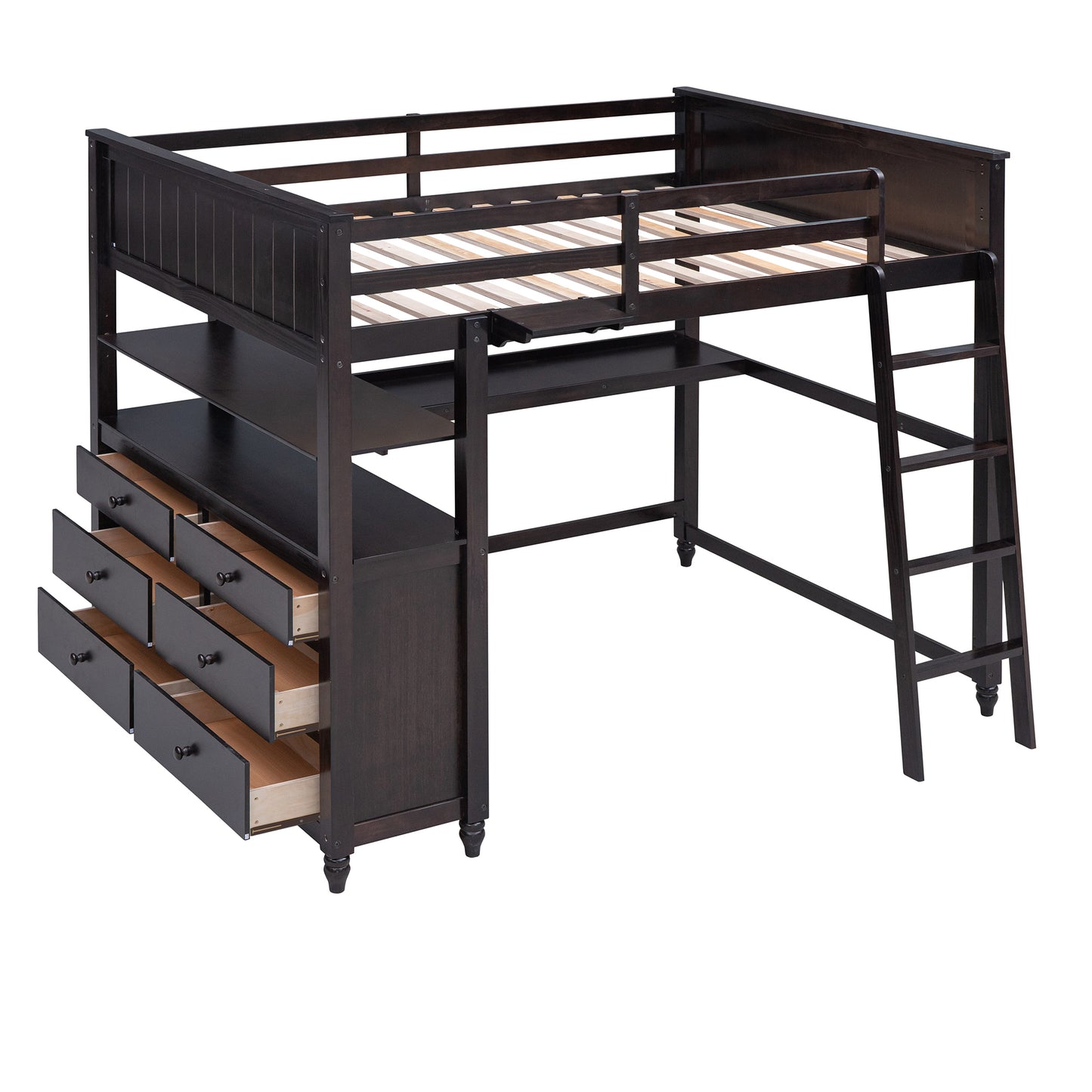 Full size Loft Bed with Drawers and Desk, Wooden Loft Bed with Shelves - Espresso