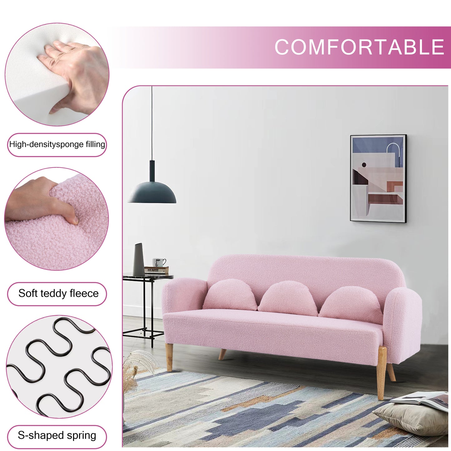 59.1 Pink Teddy Velvet Two-Seater Sofa with Three Lumbar Pillows