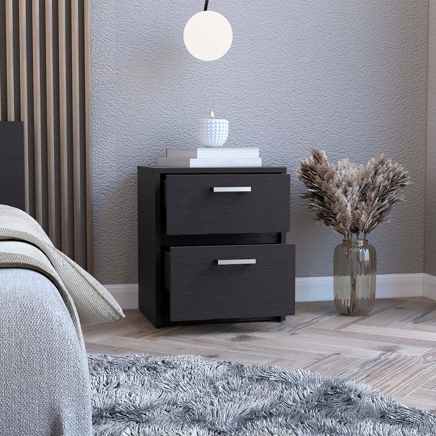 Trivor 2 Drawers Nightstand, Metal Handles -Black