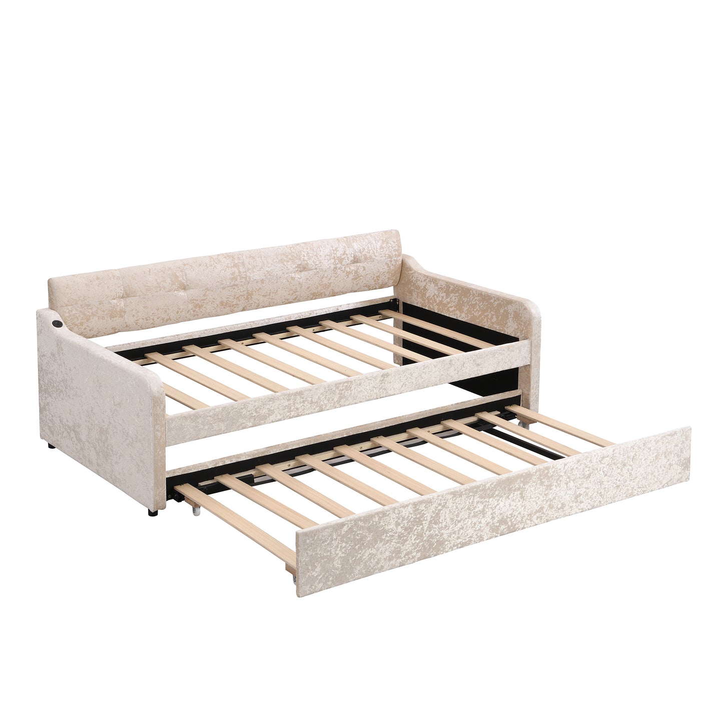 Twin Size Snowflake Velvet Daybed with Trundle and USB Charging Design,Beige