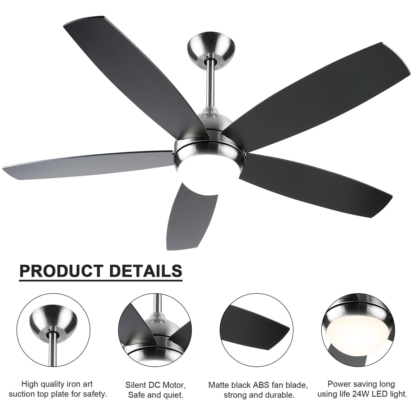 Sleek 52 Inch Remote Control Ceiling Fan with Dimmable LED Lights and Modern Design