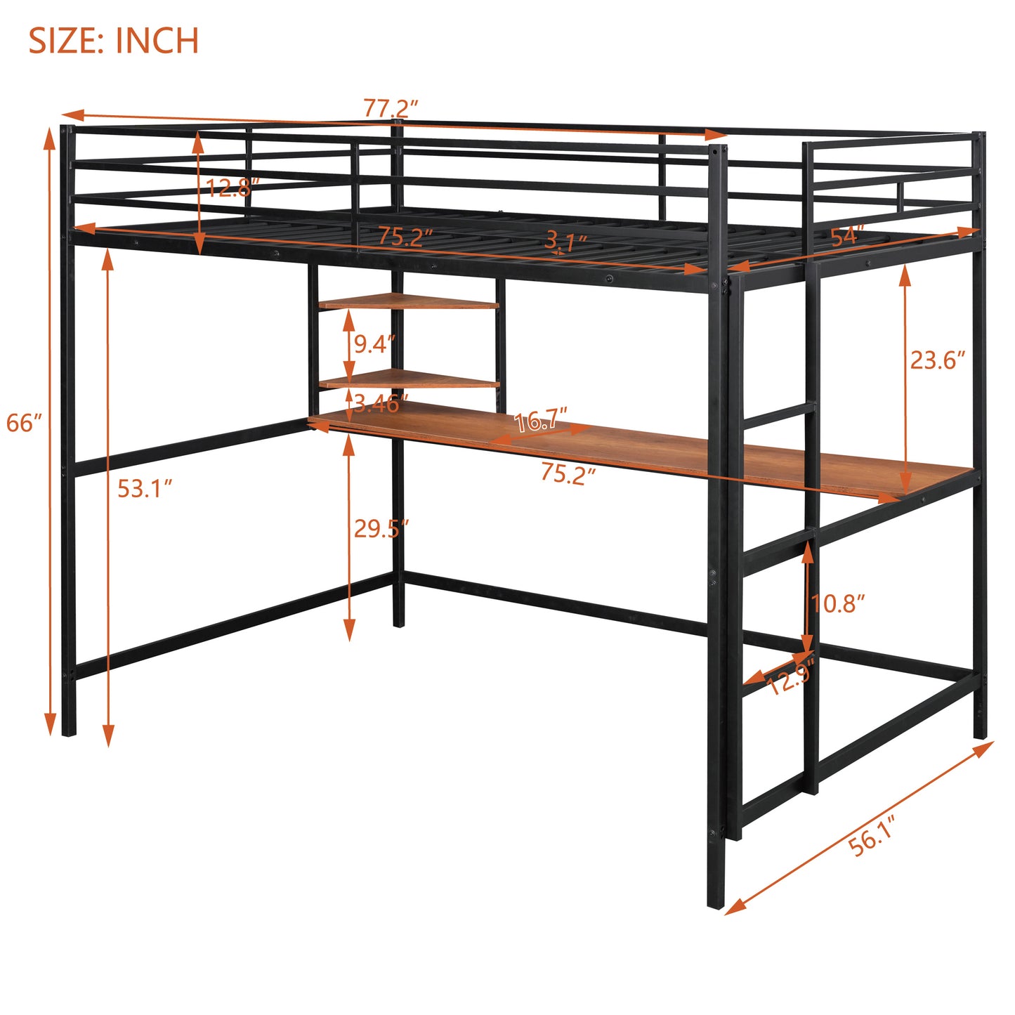 Full Metal Loft Bed with Desk and Shelve, Black