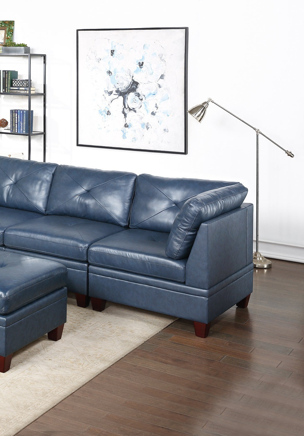 Luxurious Ink Blue Genuine Leather Modular Sofa Set with Tufted Design