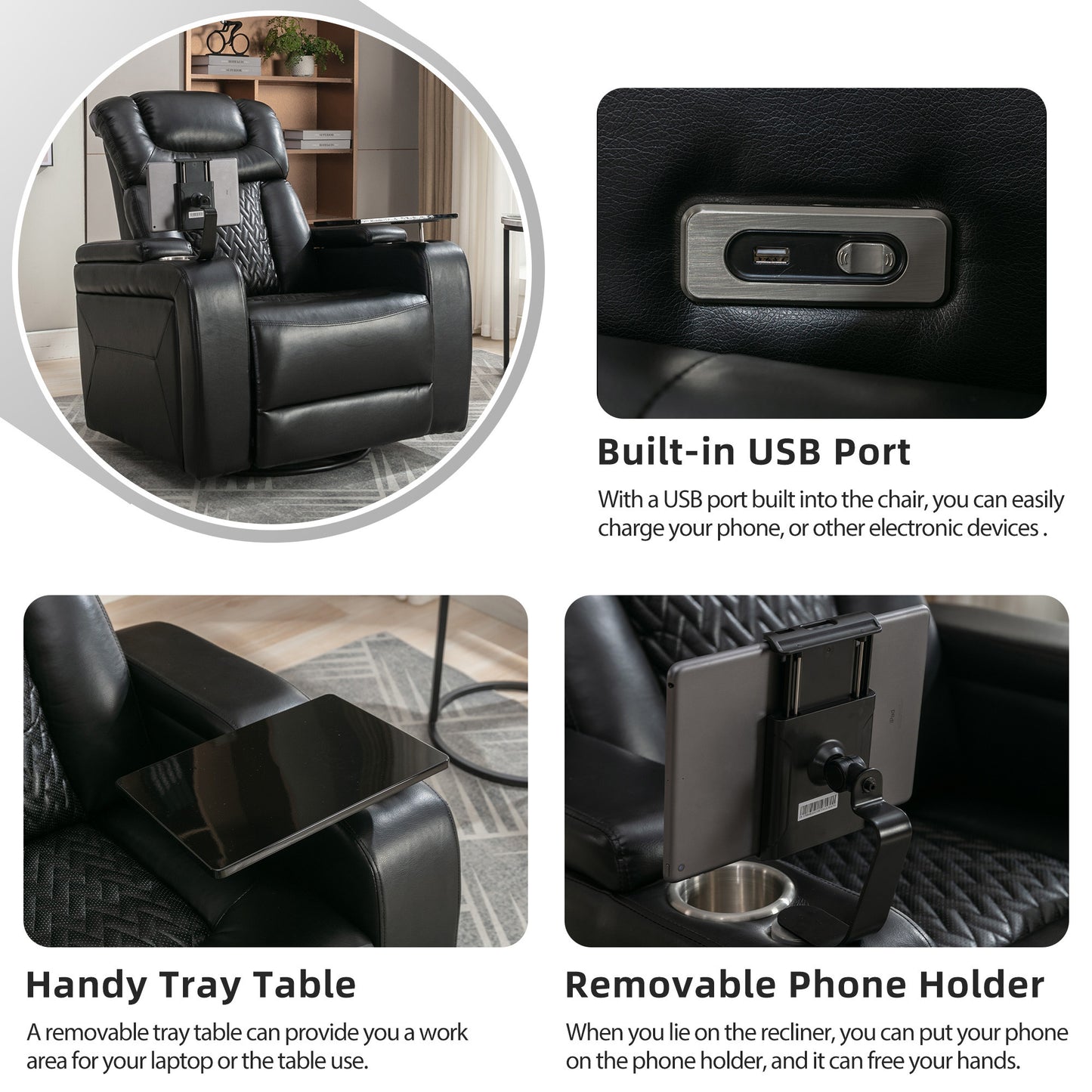 Luxury Black Swivel Recliner Chair with Tray Table, Phone Holder, and USB Port