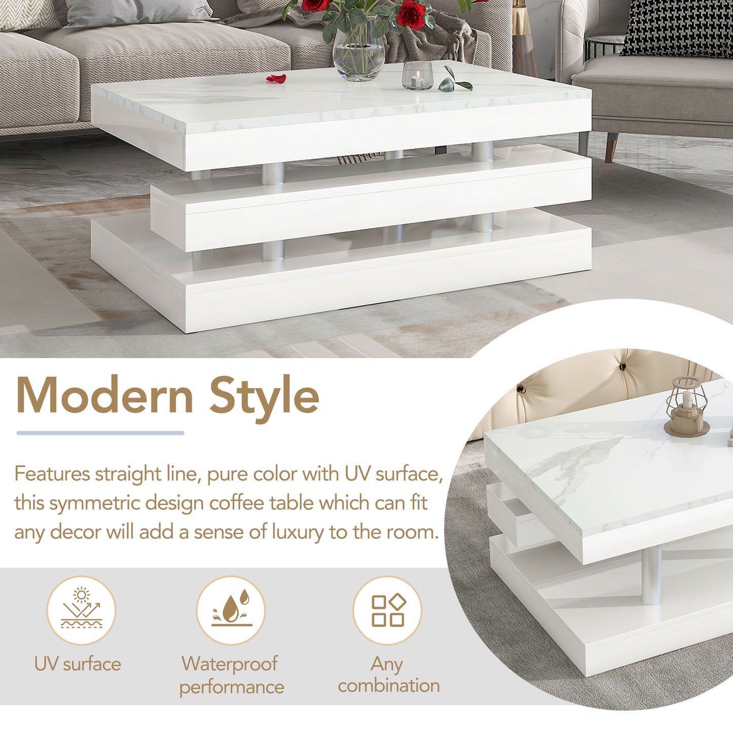 White Minimalist 2-Tier Coffee Table with Glossy Surface