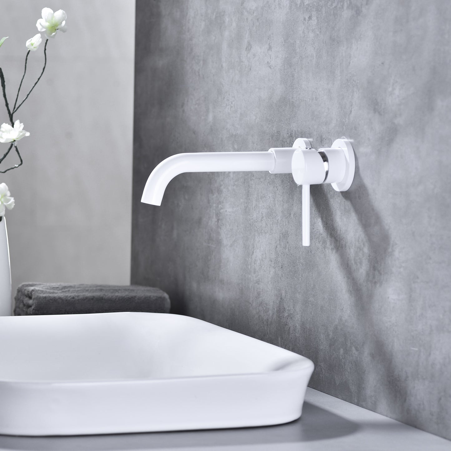 Wall Mounted Bathroom Faucet with White Single Lever Handle