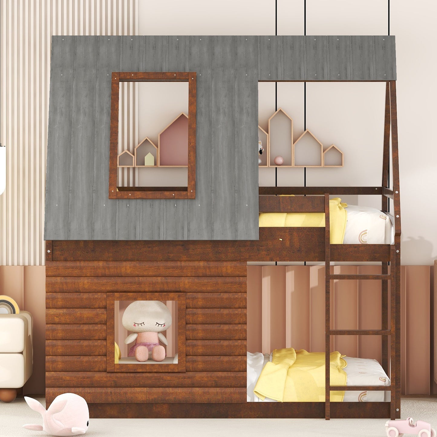 Cozy Rustic Oak and Smoky Grey House Bunk Bed with Roof, Ladder, and Windows for Kids