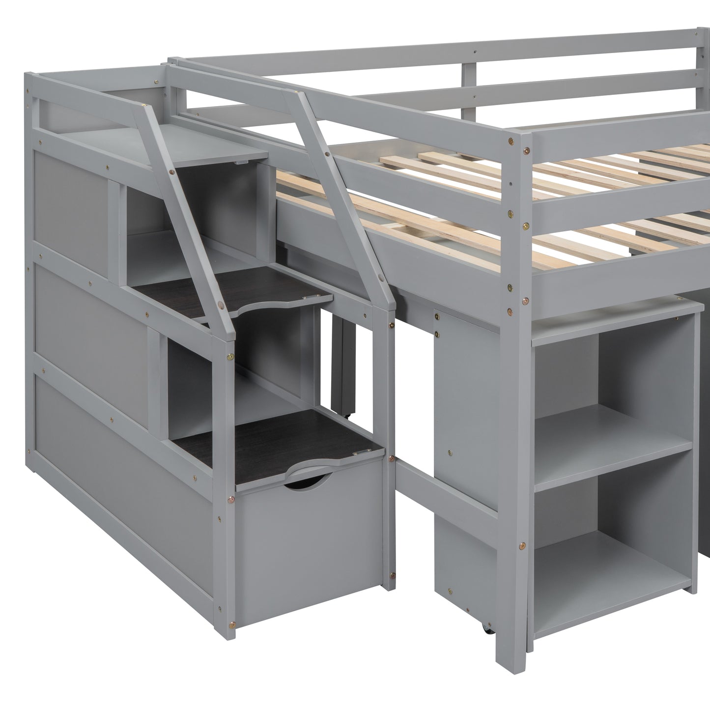 Full Size Loft Bed with Retractable Writing Desk and 3 Drawers, Wooden Loft Bed with Storage Stairs and Shelves, Gray