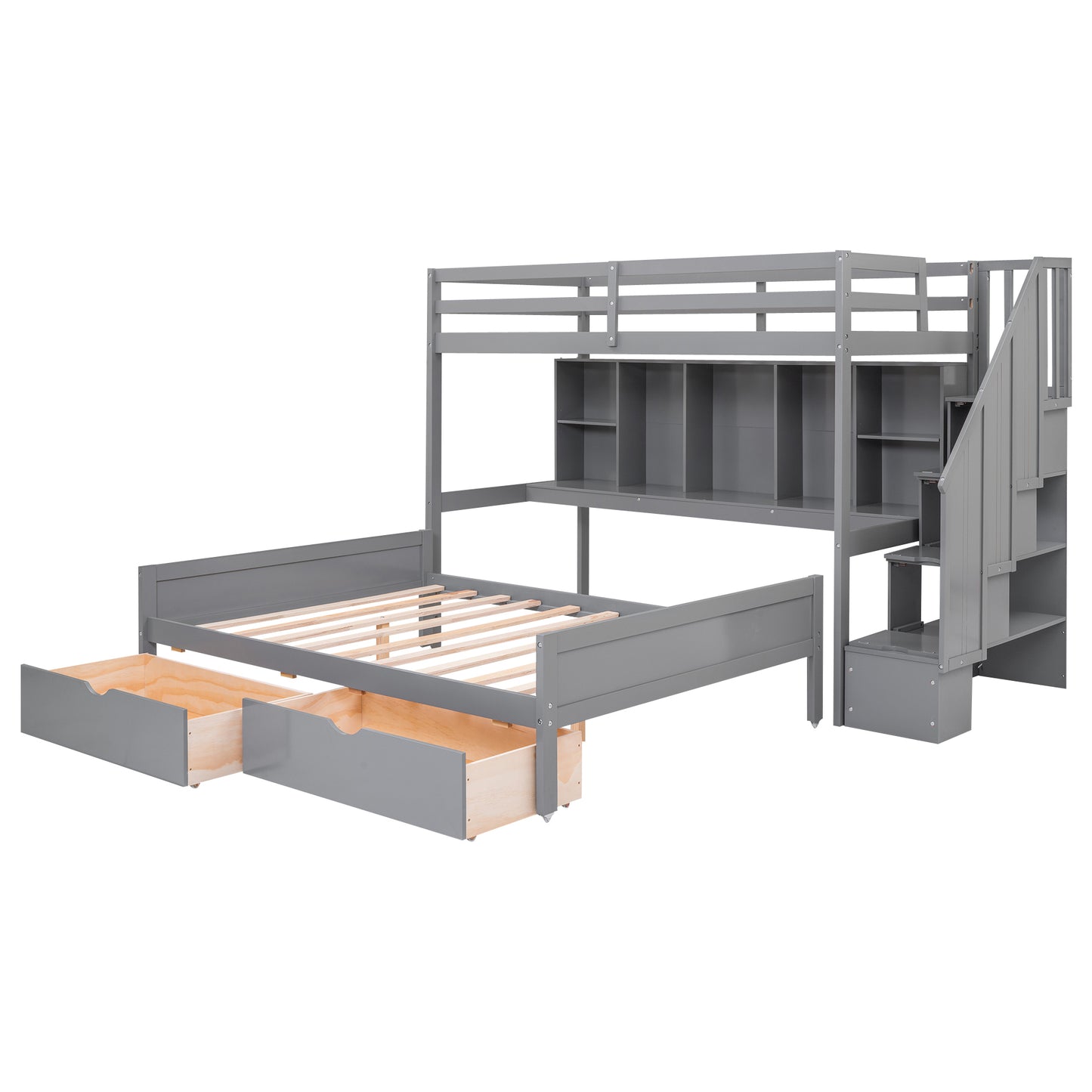 Gray Twin XL over Full Bunk Bed with Study Desk and Storage Solution